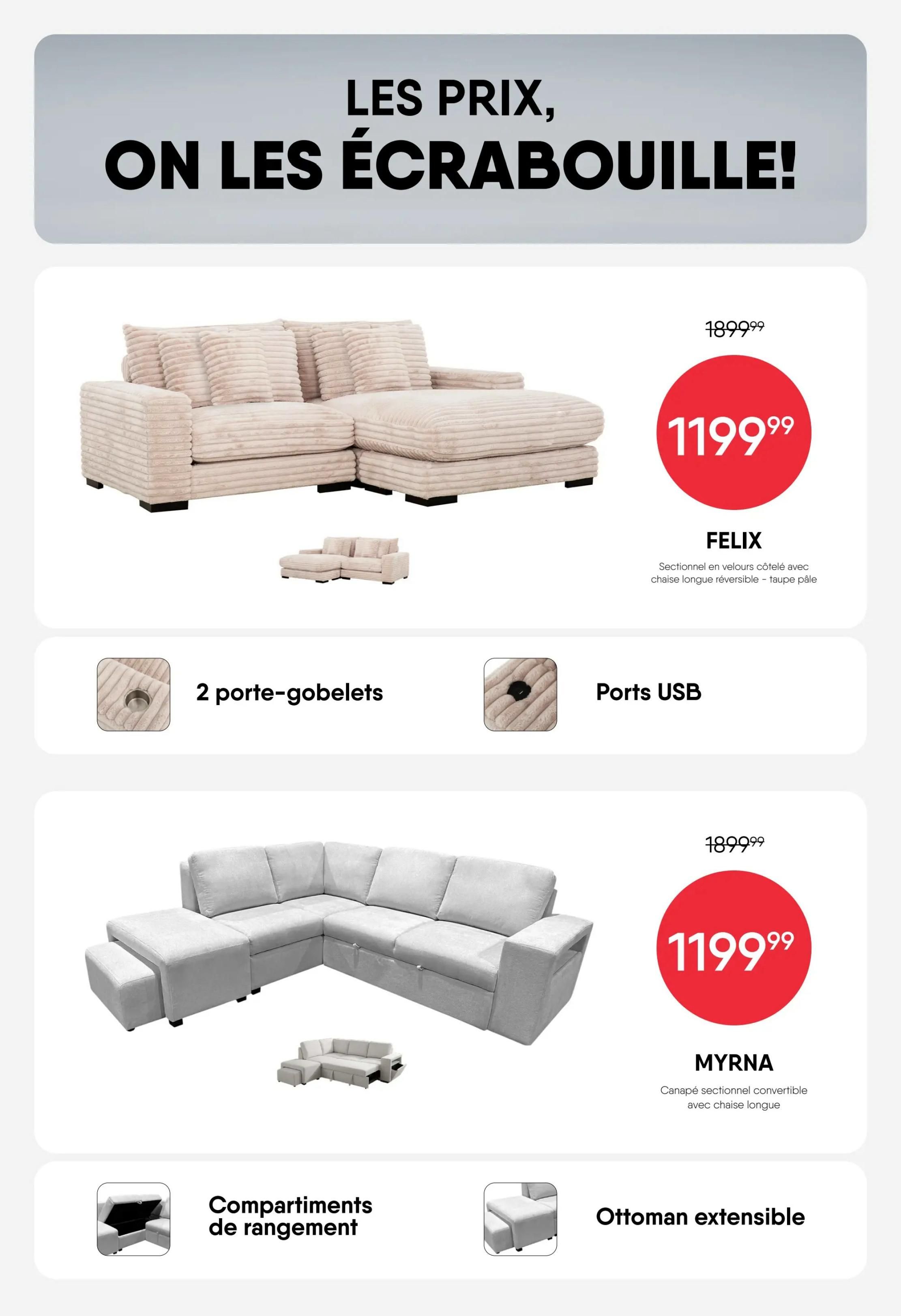 RD Furniture Weekly Flyer Specials, Page 3. Featuring the FELIX sectional sofa in beige corduroy with reversible chaise lounge, priced at $1199.99 (originally $1899.99). This sofa includes 2 cup holders and USB ports. Also featured is the MYRNA convertible sectional sofa in light grey, priced at $1199.99 (originally $1899.99). This sofa offers storage compartments and an extendable ottoman.