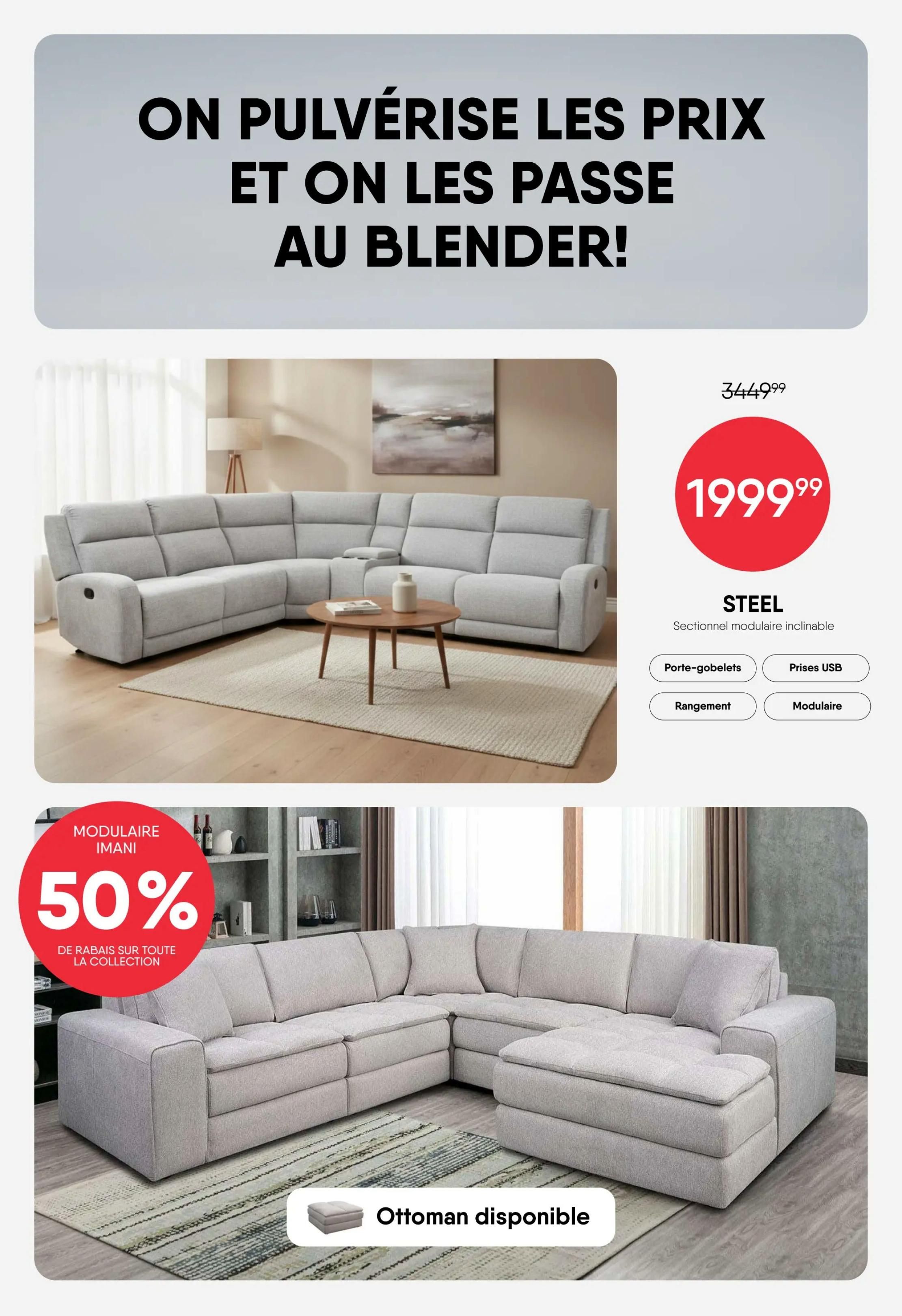 RD Furniture weekly flyer specials page 4 features a large sectional sofa on sale. The top section highlights a grey reclining modular sectional named STEEL, originally priced at $344.99, now available for $199.99. Features include cup holders, USB ports, storage, and modularity. The bottom section showcases the Imani modular collection with a 50% discount on the entire collection. An ottoman is also available for this collection.