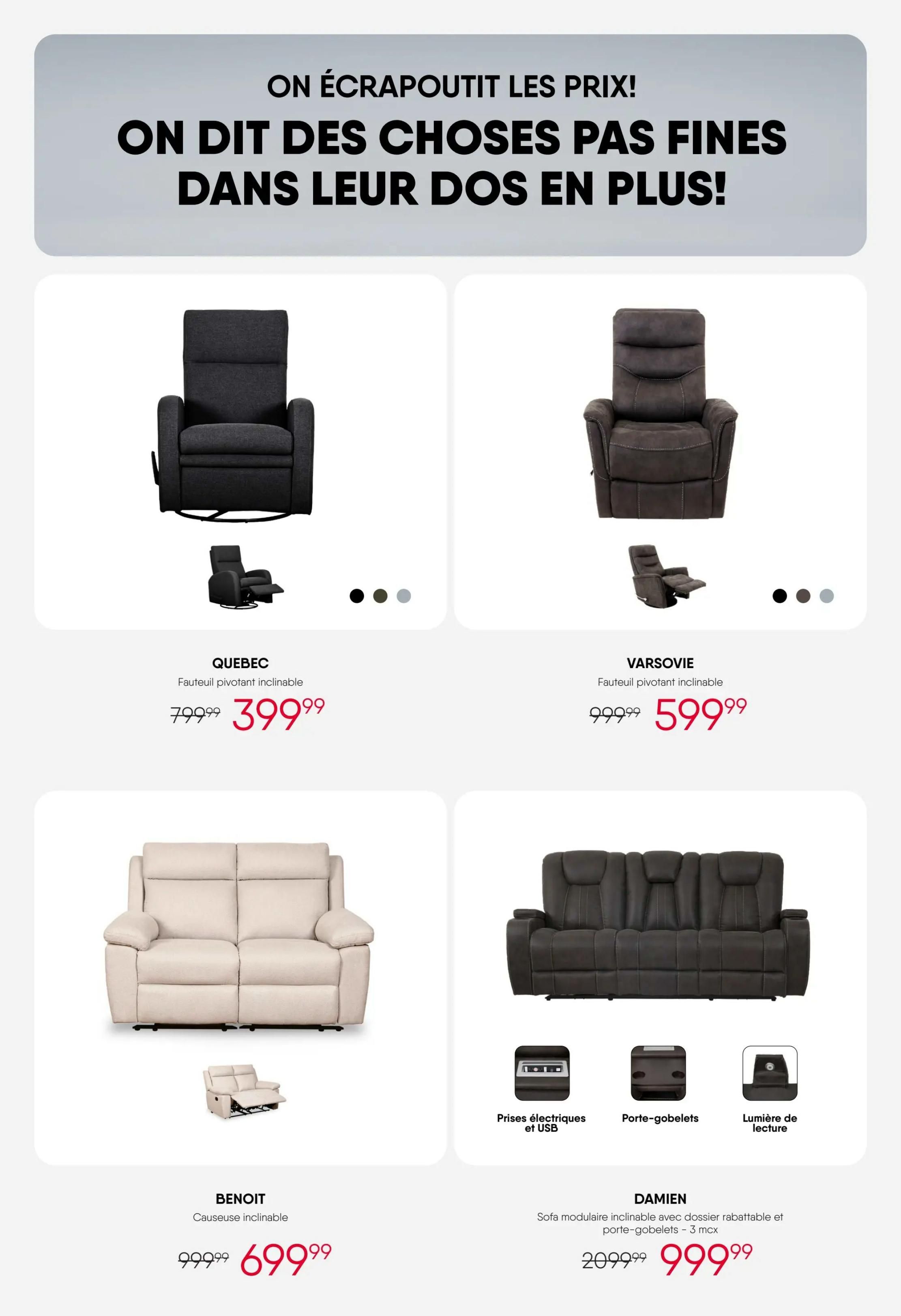 RD Furniture weekly flyer specials, page 5. Features the Quebec reclining armchair, originally $799.99, now $399.99. Also available is the Varsovie reclining armchair, on sale from $999.99 to $599.99. The Benoit loveseat, a reclining loveseat, is priced at $699.99, down from $999.99. The Damien modular reclining sofa with a fold-down back and 3 cup holders is featured at $999.99, reduced from $2099.99. This sofa includes electric and USB outlets, cup holders, and a reading light.