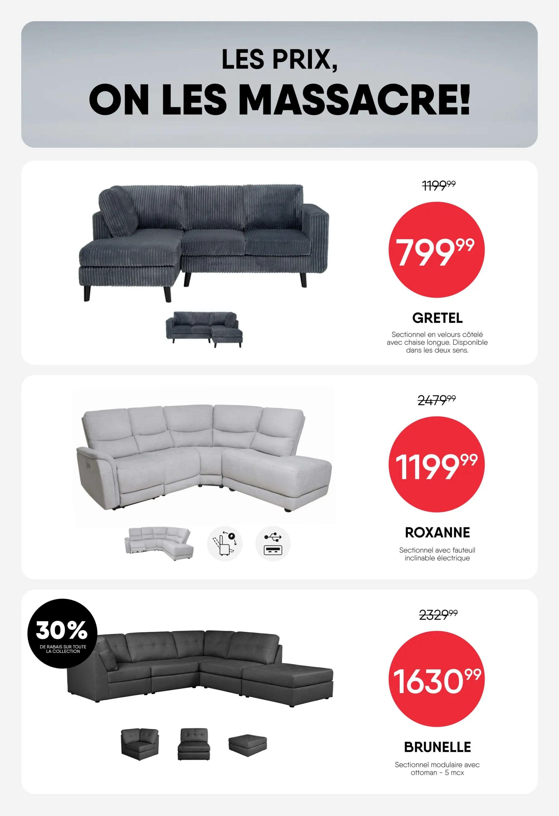 RD Furniture weekly flyer specials page 6 features incredible deals on sectionals. The Gretel sectional in corduroy fabric is on sale for $799.99, down from $1199.99. The Roxanne sectional with electric reclining seats is priced at $1199.99, a significant reduction from $2479.99. Additionally, the Brunelle modular sectional with a 5-piece ottoman set is available for $1630.99, marked down from $2329.99. There is also a 30% discount on the entire Brunelle collection.