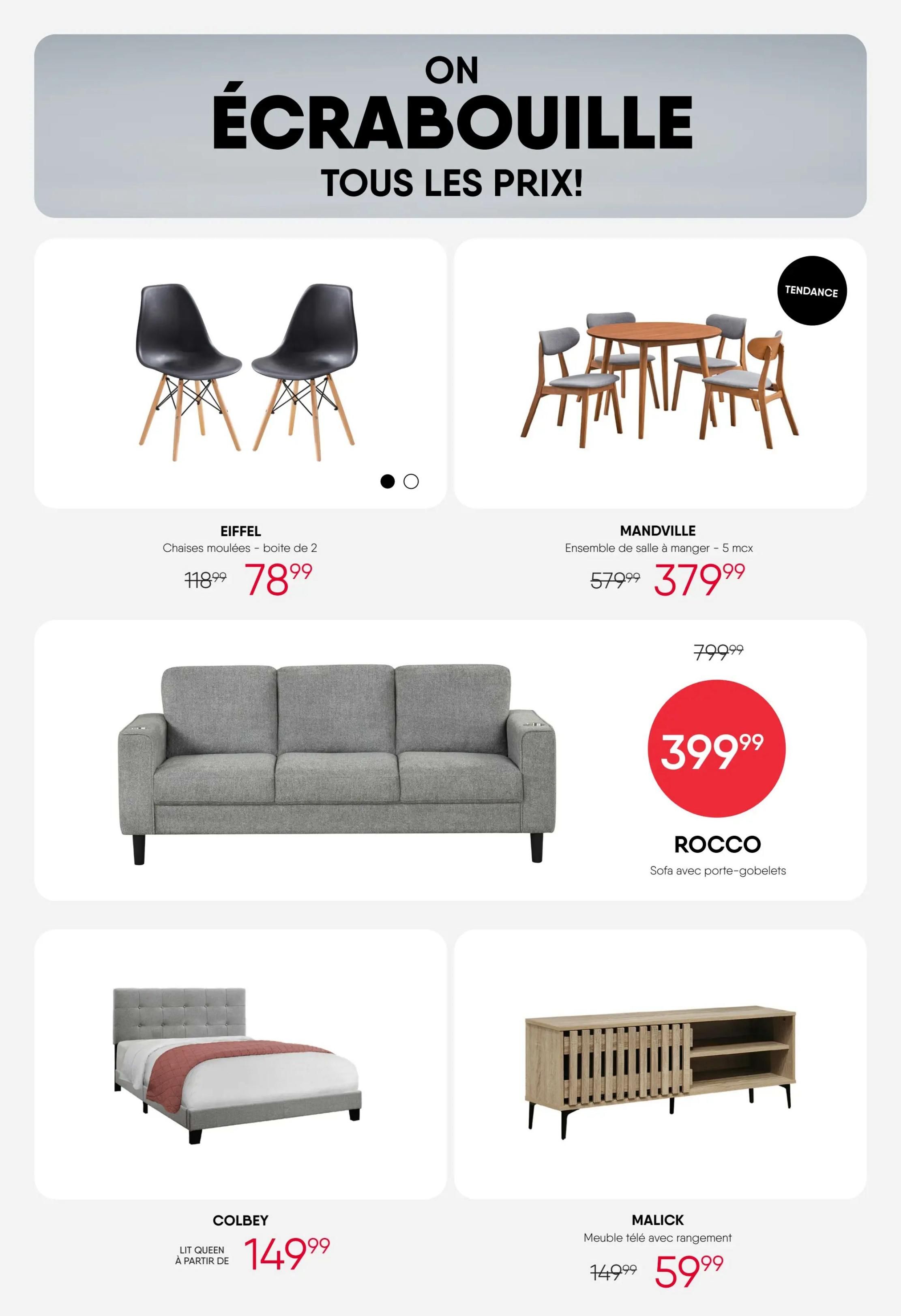 RD Furniture weekly flyer specials page 7 features 'We're slashing all prices!' headline. Featured items include: EIFFEL molded chairs, set of 2, on sale for $78.99 (originally $118.99). MANDVILLE dining set for 5 people, on sale for $379.99 (originally $579.99), marked as a trending item. ROCCO sofa with cup holders, on sale for $399.99 (originally $799.99). COLBY queen bed, starting at $149.99. MALICK TV stand with storage, on sale for $59.99 (originally $149.99).
