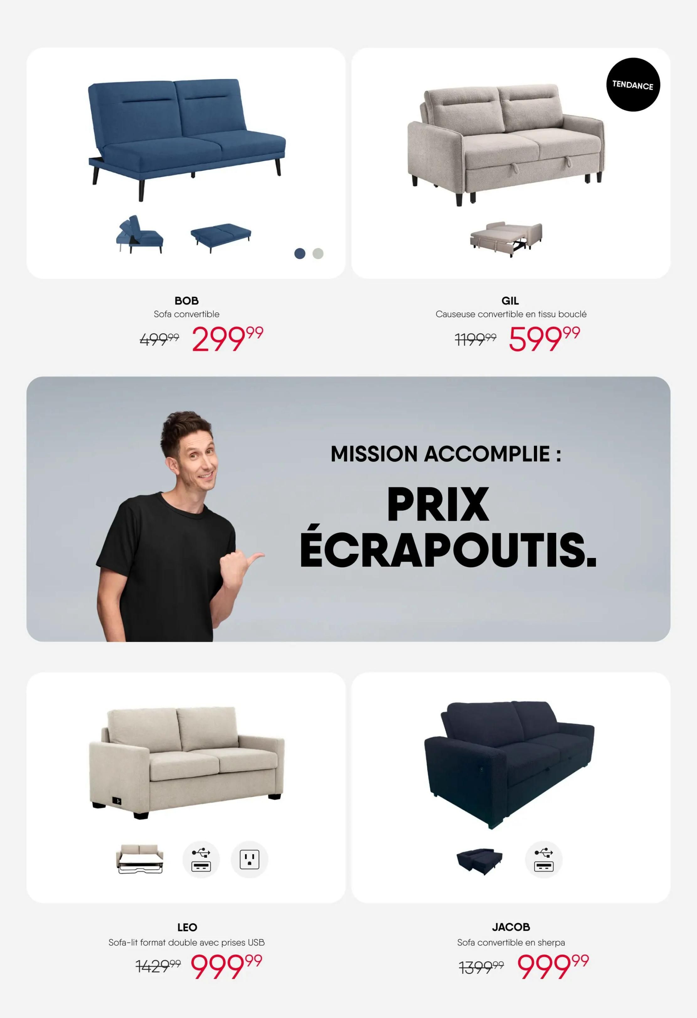RD Furniture weekly flyer specials page 8 features several sofa beds. The BOB sofa bed is available for $299.99, down from $499.99. The GIL sofa bed, described as a boucle fabric sofa bed and a trending item, is priced at $599.99, reduced from $1199.99. A large graphic in the centre states 'Mission Accomplie: Prix Écrapoutis.' Below, the LEO sofa bed, a double size with USB ports, is on sale for $999.99, originally $1429.99. The JACOB sofa bed, made of sherpa fabric, is also priced at $999.99, down from $1399.99.