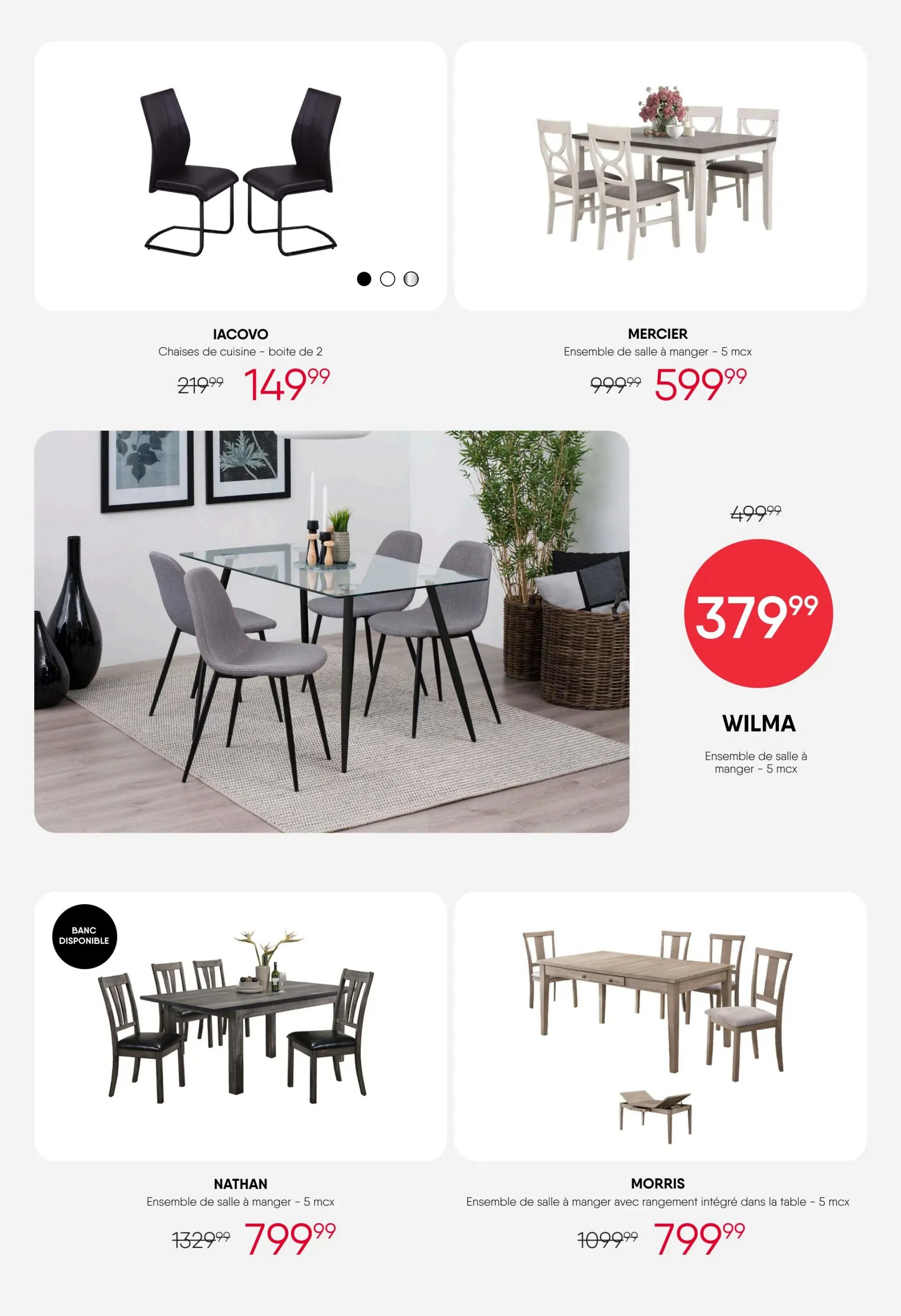 RD Furniture Weekly Flyer Specials, Page 9. Featured are the IACOVO dining chairs, a set of 2, on sale for $149.99, originally $219.99. The MERCIER dining set, a 5-piece collection, is priced at $599.99, down from $999.99. The WILMA dining set, a 5-piece collection, is heavily discounted to $379.99 from $499.99. The NATHAN dining set, a 5-piece collection, is on sale for $799.99, reduced from $1329.99, with a bench available. The MORRIS dining set, a 5-piece collection with integrated table storage, is priced at $799.99, down from $1099.99.