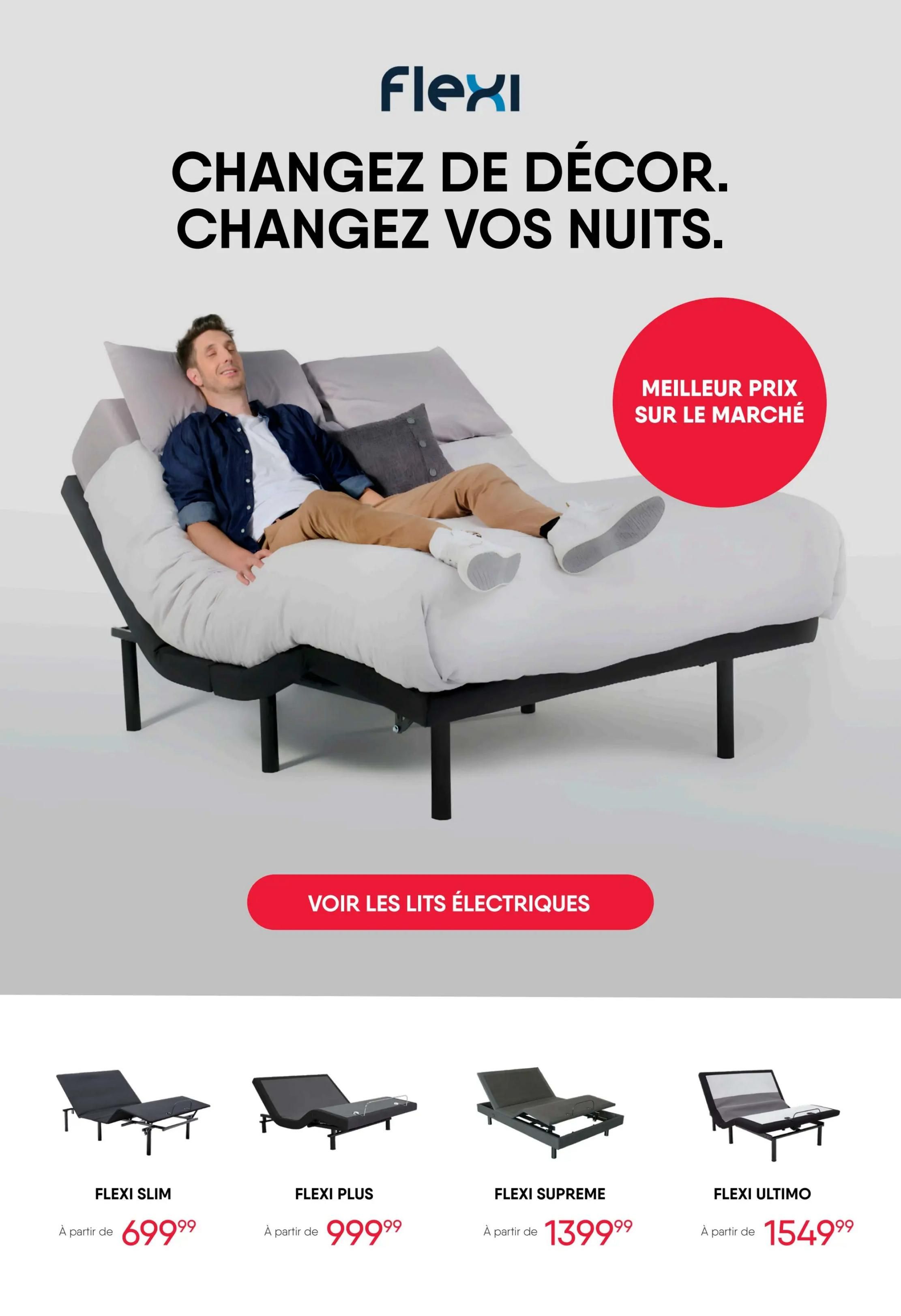 RD Furniture weekly flyer specials page 12 features Flexi adjustable beds. The main image shows a man relaxing on an adjustable bed, with text 'Change your decor. Change your nights.' and a red circle highlighting 'Best price on the market'. Below, four Flexi adjustable bed models are displayed: Flexi Slim starting at $699.99, Flexi Plus starting at $999.99, Flexi Supreme starting at $1399.99, and Flexi Ultimo starting at $1549.99. A button reads 'See electric beds'.