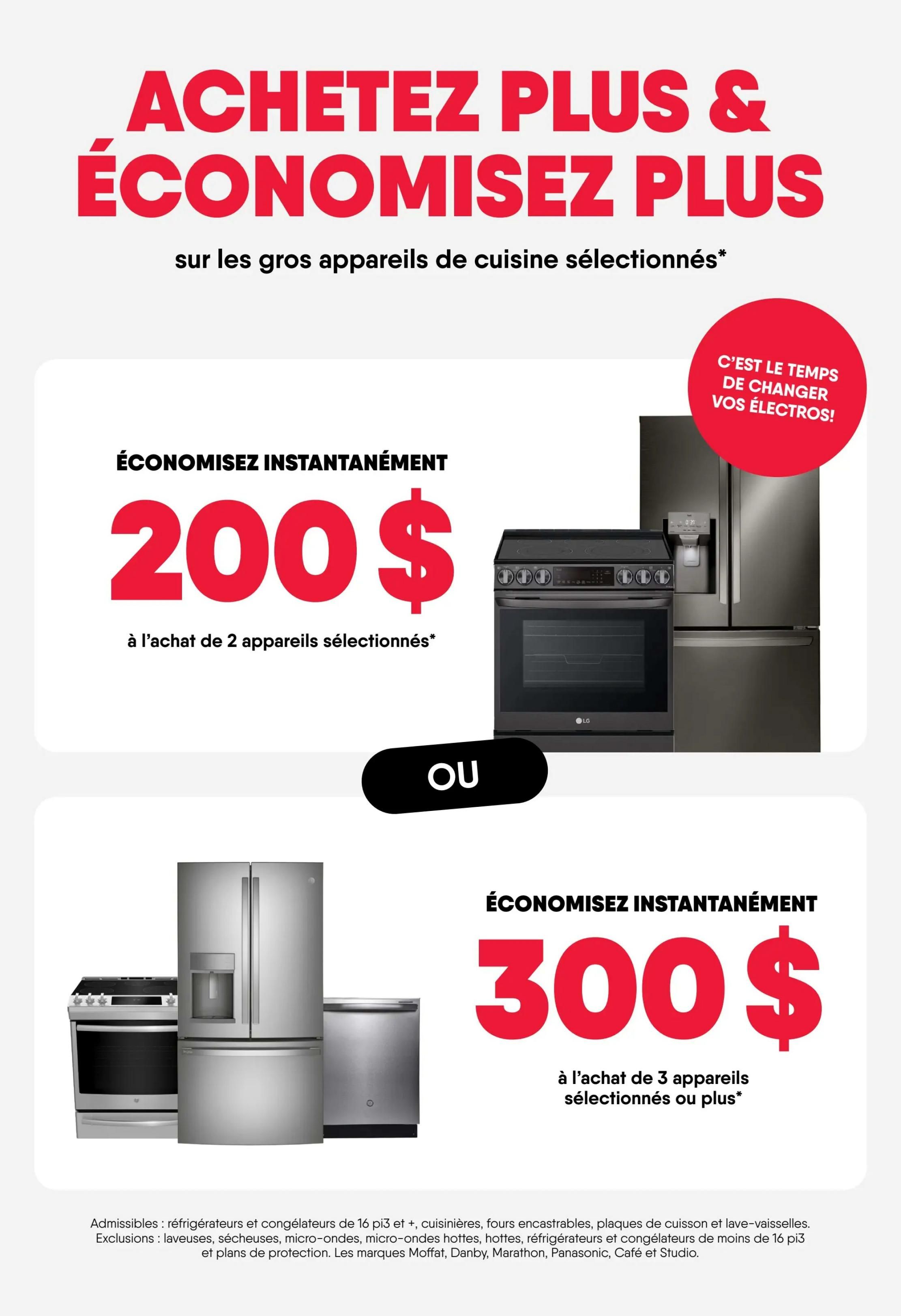RD Furniture weekly flyer specials: Buy more, save more on select large kitchen appliances. Get an instant $200 savings when you purchase 2 select appliances, featuring LG refrigerators and ranges. Or, get an instant $300 savings when you purchase 3 or more select appliances, featuring stainless steel refrigerators, ranges, and dishwashers. Eligible appliances include refrigerators and freezers 16 cu. ft. and up, ranges, built-in ovens, cooktops, and dishwashers. Exclusions apply to washers, dryers, microwaves, under-counter refrigerators, and protection plans. Brands Moffat, Danby, Marathon, Panasonic, Café, and Studio are excluded.