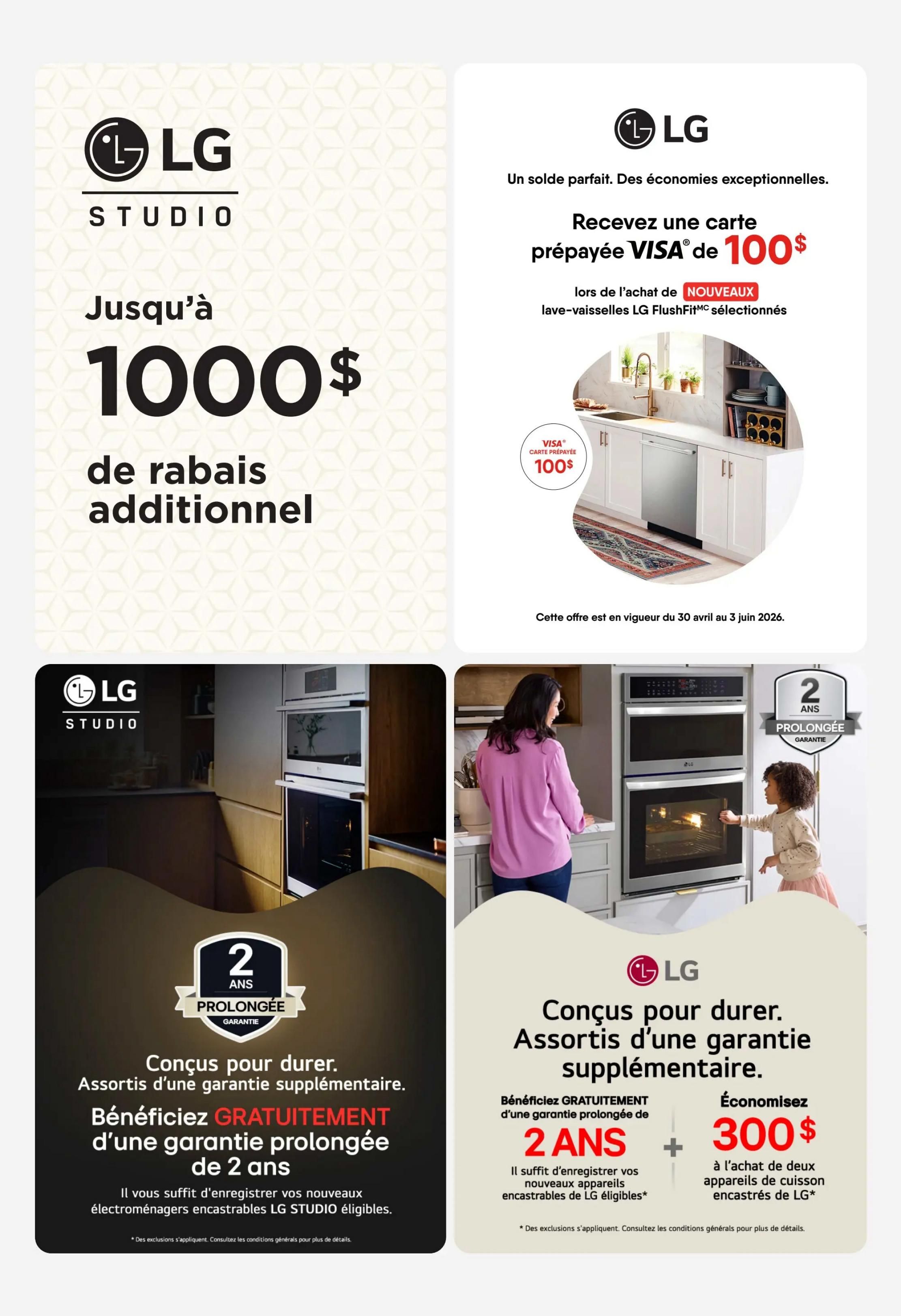 LG STUDIO offers up to $1000 in additional rebates. LG is offering a $100 prepaid VISA card with the purchase of select new LG FlushFit dishwashers. This offer is valid from April 30 to June 3, 2026. LG STUDIO appliances come with a free 2-year extended warranty when you register eligible LG STUDIO built-in appliances. Save $300 when purchasing two LG built-in cooking appliances, which also include a free 2-year extended warranty. Exclusions apply; consult general conditions for details.
