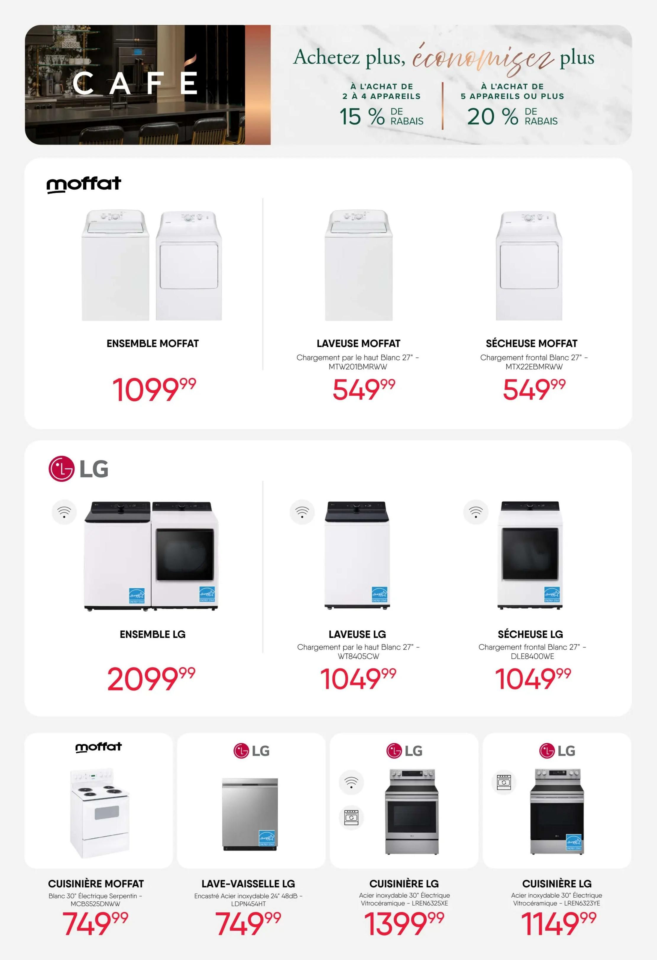 RD Furniture Weekly Flyer Specials page 15 features savings on appliances. Get 15% off the purchase of 2 to 4 appliances or 20% off the purchase of 5 appliances or more. Featured are a Moffat washer and dryer ensemble for $1099.99, a Moffat top-load washer for $549.99, and a Moffat front-load dryer for $549.99. Also shown is an LG washer and dryer ensemble for $2099.99, an LG top-load washer for $1049.99, and an LG front-load dryer for $1049.99. Additional appliances include a Moffat white electric serpentine range MCBS525DNWW for $749.99, an LG stainless steel 24' 48dB built-in dishwasher LDPN454HT for $749.99, an LG 30' stainless steel electric ceramic range LREN6325XE for $1399.99, and an LG 30' stainless steel electric ceramic range LREN6323YE for $1149.99.
