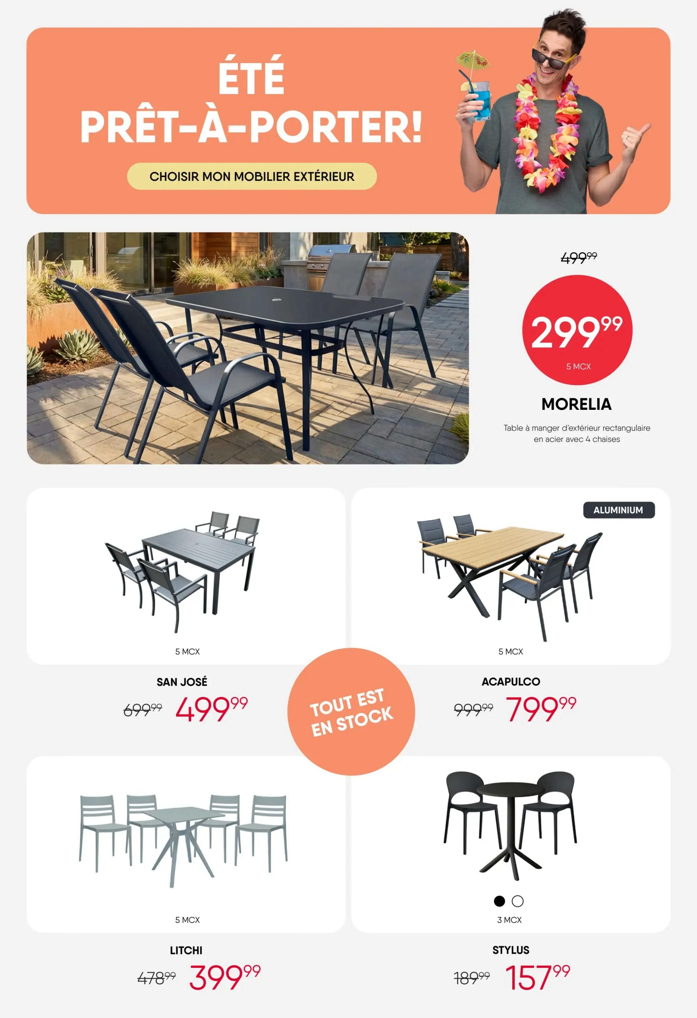RD Furniture weekly flyer specials page 16 features 'Summer Ready-to-Go!' outdoor furniture. A large dining set with a black table and four chairs is shown, priced at $299.99, down from $499.99. This set is named MORELIA and is described as a rectangular outdoor dining table in steel with 4 chairs. Other featured outdoor furniture includes the SAN JOSÉ dining set for $499.99 (originally $699.99), the ACAPULCO aluminium dining set for $799.99 (originally $999.99), the LITCHI dining set for $399.99 (originally $478.99), and the STYLUS bistro set for $157.99 (originally $189.99). Some items are marked 'In Stock'.