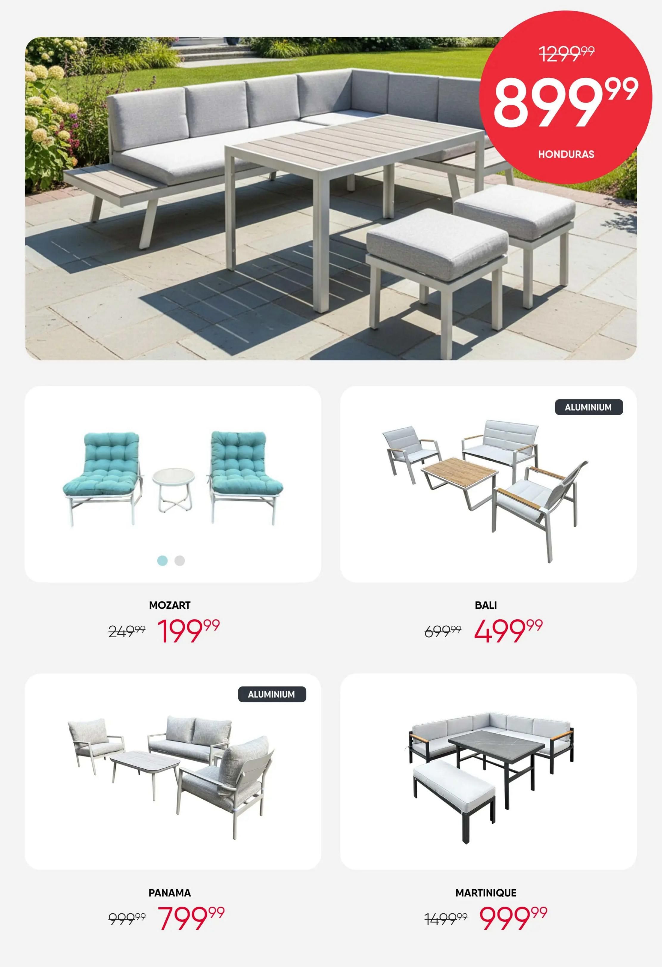 RD Furniture weekly flyer specials page 17 features outdoor furniture. The Honduras sectional sofa set is on sale for $899.99, down from $1299.99. Also featured are the Mozart 3-piece set for $199.99 (originally $249.99), the Bali aluminium set for $499.99 (originally $699.99), the Panama set for $799.99 (originally $999.99), and the Martinique sectional set for $999.99 (originally $1499.99).
