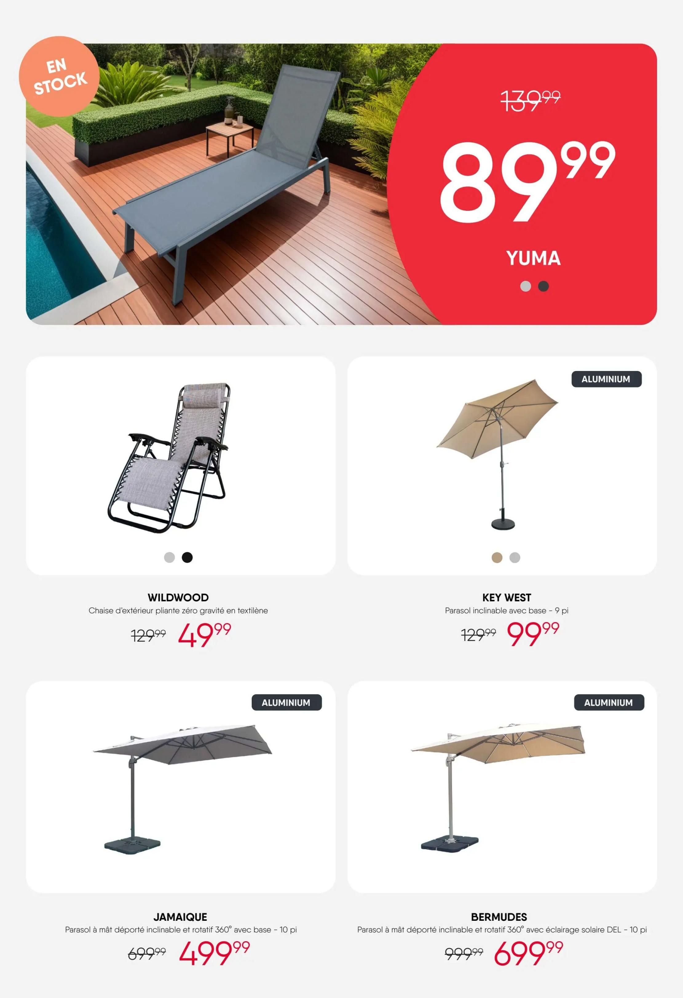 RD Furniture Weekly Flyer Specials, Page 18. Features the YUMA lounger on sale for $89.99, originally $139.99, marked 'In Stock'. Also available is the WILDWOOD zero gravity folding outdoor chair for $49.99, down from $129.99. The KEY WEST cantilever patio umbrella with base is priced at $99.99, reduced from $129.99. The JAMAICA cantilever patio umbrella with base (10 ft) is on sale for $499.99, marked down from $699.99. The BERMUDES cantilever patio umbrella with DEL solar lighting and base (10 ft) is available for $699.99, down from $999.99.