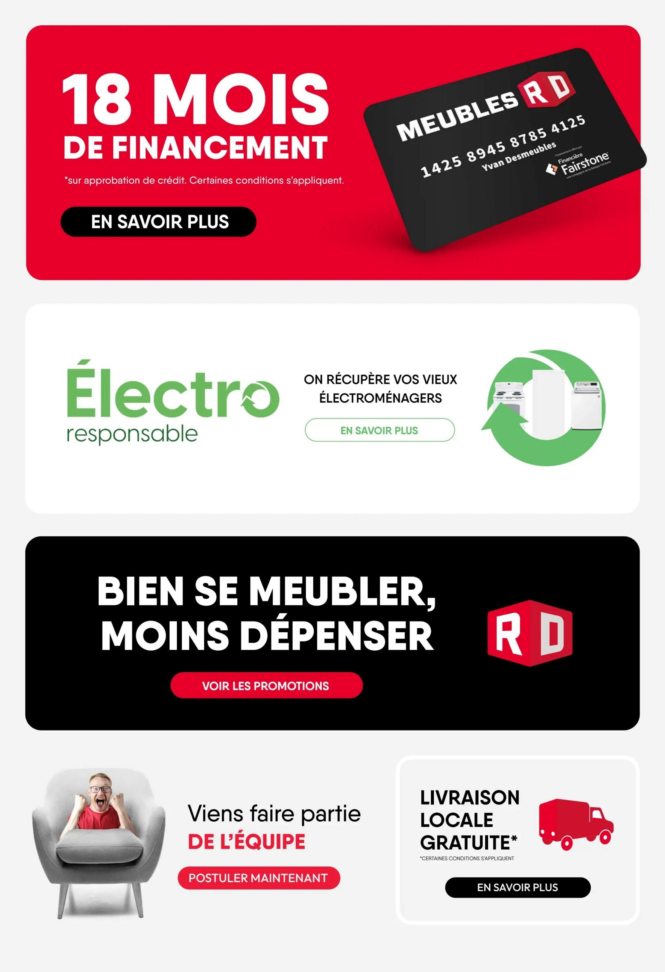 RD Furniture flyer page 20 features 18 months financing with credit approval, and information on recycling old appliances. It also highlights 'Furnish well, spend less' with a 'See promotions' button. Additionally, there's a section inviting people to join the team with a 'Apply now' button, and an offer for free local delivery with 'Learn more'.