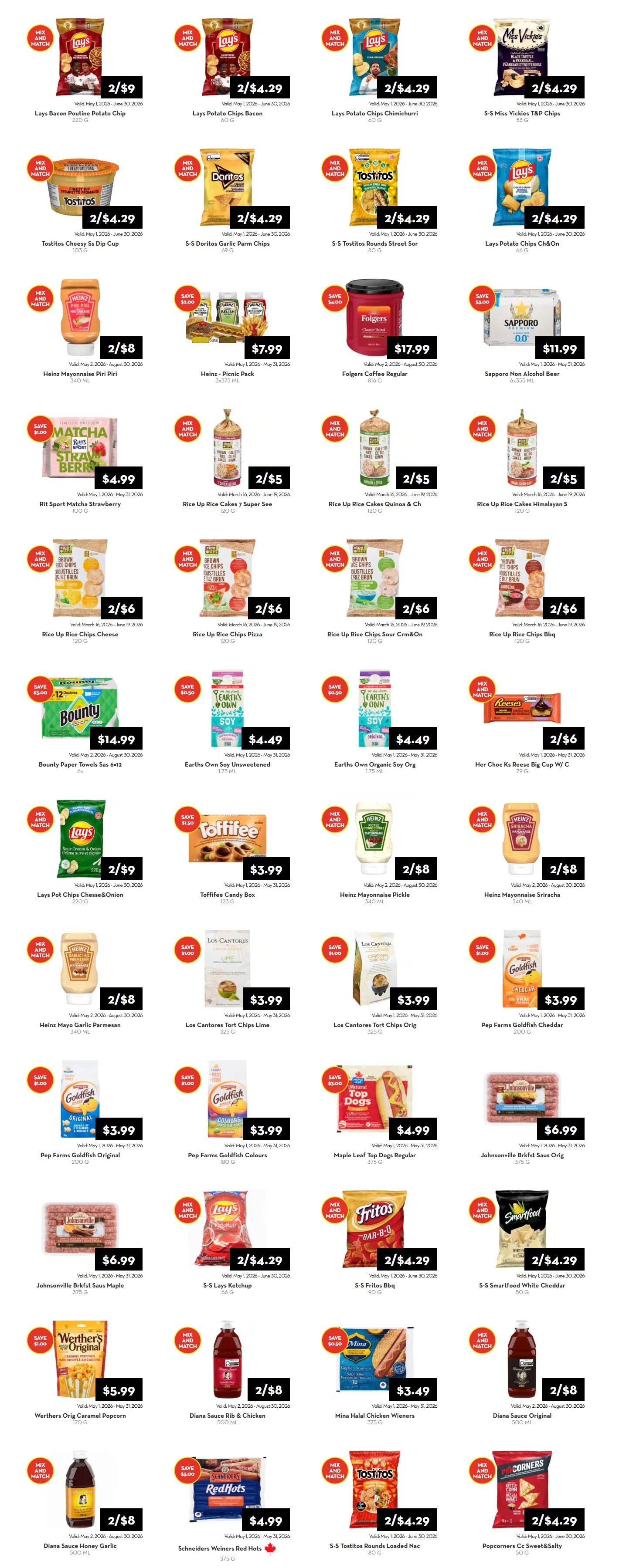 Rabba flyer specials page 2 features a variety of snacks and groceries. Deals include Lays Bacon Poutine Potato Chip, Lays Potato Chips Bacon, Lays Potato Chips Chimichurri, and S-S Miss Vickies T&P Chips at 2 for $4.29. Tostitos Cheesy Ss Dip Cup is $2.99, S-S Doritos Garlic Parm Chips are 2 for $4.29, and S-S Tostitos Rounds Street Sor are 2 for $4.29. Lays Potato Chips Ch&On are 2 for $4.29. Heinz Mayonnaise Piri Piri is 2 for $8. Heinz Picnic Pack is $7.99. Folgers Coffee Regular is $17.99. Sapporo Non Alcohol Beer is $11.99. Rit Sport Matcha Strawberry is $4.99. Rice Up Rice Cakes 7 Super See, Rice Up Rice Cakes Quinoa & Ch, and Rice Up Rice Cakes Himalayan S are all 2 for $5. Rice Up Rice Chips Cheese, Rice Up Rice Chips Pizza, Rice Up Rice Chips Sour Crm&On, and Rice Up Rice Chips Bbq are all 2 for $6. Bounty Paper Towels Sas 6-12 is $14.99. Earths Own Soy Unsweetened and Earths Own Organic Soy Org are $4.49 each. Her Choc Ks Reese Big Cup W/ C is 2 for $6. Lays Pot Chips Cheese&Onion are 2 for $9. Toffifee Candy Box is $3.99. Heinz Mayonnaise Pickle and Heinz Mayonnaise Sriracha are 2 for $8. Los Cantores Tort Chips Lime and Los Cantores Tort Chips Orig are $3.99 each. Pep Farms Goldfish Cheddar and Pep Farms Goldfish Colours are $3.99 each. Maple Leaf Top Dogs Regular is $4.99. Johnsonville Brkfst Saus Orig is $6.99. S-S Lays Ketchup and S-S Fritos Bbq are 2 for $4.29. S-Smartfood White Cheddar is 2 for $4.29. Werthers Orig Caramel Popcorn is $5.99. Diana Sauce Rib & Chicken and Diana Sauce Original are 2 for $8. Mina Halal Chicken Wieners are $3.49. Schneiders Red Hots Wieners are $4.99. Popcorners Cc Sweet&Salty are 2 for $4.29.