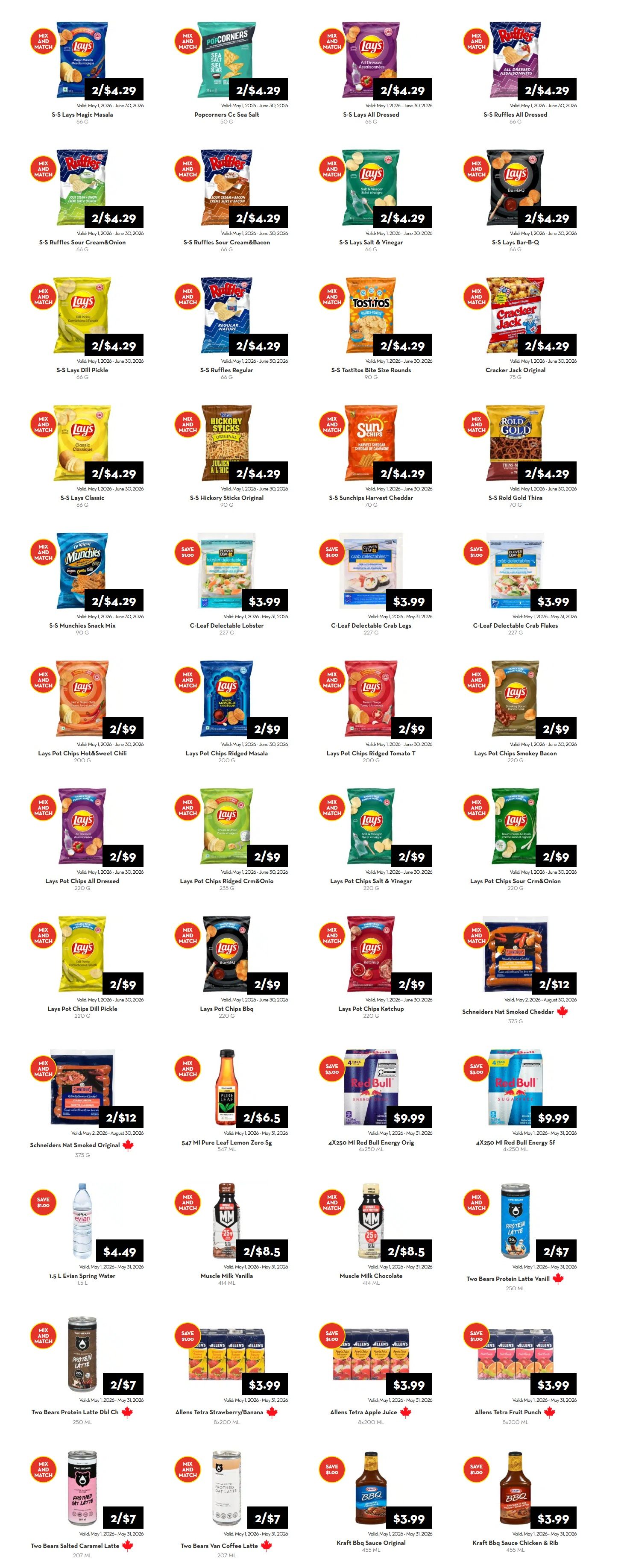 Rabba flyer specials page 3 features a wide selection of snacks and beverages. Enjoy Lay's Potato Chips in various flavours like Magic Masala, Sour Cream & Onion, All Dressed, Bar-B-Q, Dill Pickle, Ketchup, and Salt & Vinegar for 2 for $4.29. Also available are Ruffles Sour Cream & Bacon and Ruffles All Dressed for 2 for $4.29. Tostitos Bite Size Rounds are 2 for $4.29. Cracker Jack Original is 2 for $4.29. Popcorners Sea Salt is 2 for $4.29. Hickory Sticks Original are 2 for $4.29. SunChips Harvest Cheddar and Rold Gold Thins are 2 for $4.29. Munchies Snack Mix is 2 for $4.29. C-Leaf Delectable Lobster, Crab Legs, and Crabs Flakes are $3.99 each. Lay's Pot Chips in Hot & Sweet Chili, Ridged Tomato, Smokey Bacon, Ridged Masala, Ridged Cream & Onion, and Salt & Vinegar are 2 for $9. Schriders Nat Smoked Original and Schriders Nat Smoked Cheddar are 2 for $12. Pure Leaf Lemon Zero 5g is 2 for $6.5. Red Bull Energy Drink 4x250ml is $9.99. Evian Spring Water 1.5L is $4.49. Muscle Milk Vanilla and Chocolate are 2 for $8.5. Two Bears Protein Latte Dbl Ch and Vanilla are 2 for $7. Allens Tetra Strawberry/Banana, Apple Juice, and Fruit Punch are $3.99 per 8x200ML pack. Kraft BBQ Sauce Original and Chicken & Rib are $3.99 each.