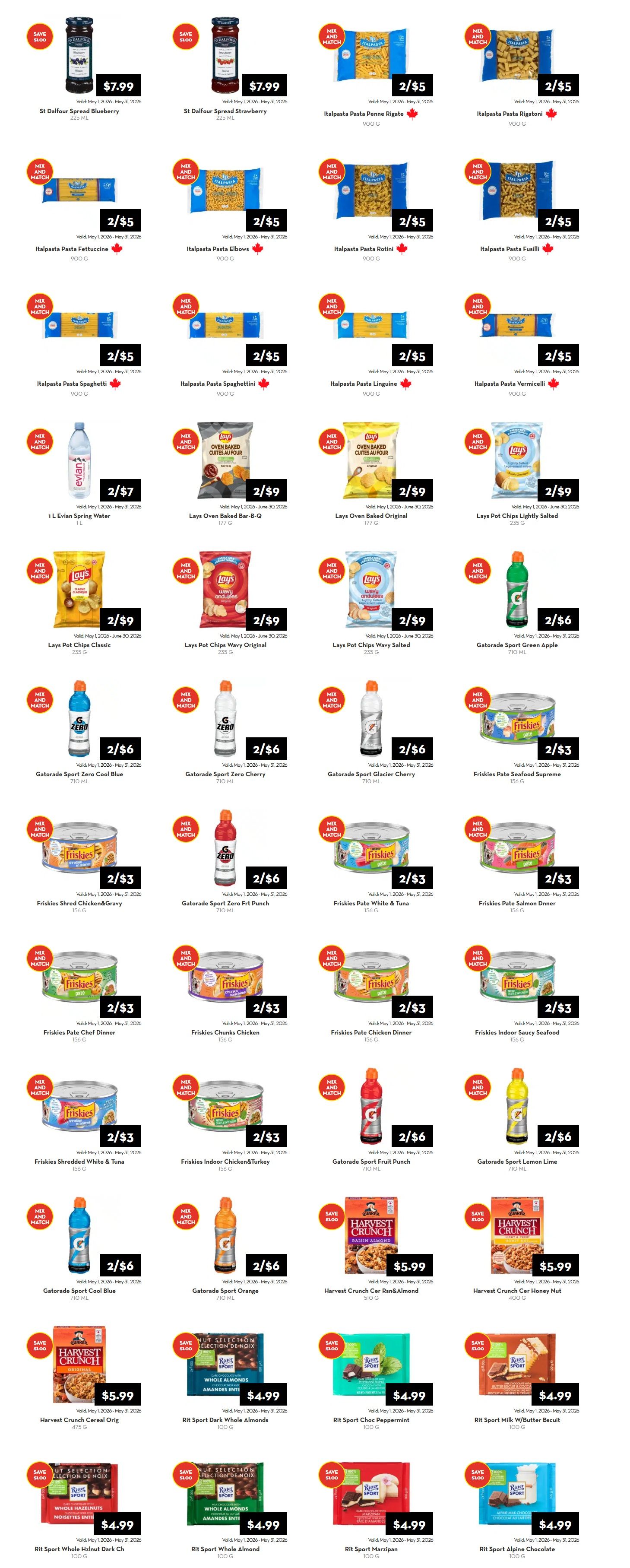 Rabba flyer specials page 5 features a variety of grocery items. St. Dalfour Spread Blueberry and St. Dalfour Spread Strawberry are available for $7.99 each. A selection of Italpasta Pasta products, including Penne Rigate, Rigatoni, Fettuccine, Rotini, Fusilli, Spaghetti, Spaghettini, Linguine, and Vermicelli, are on sale 2 for $5. Evian Spring Water 1L is 2 for $7. Lay's Oven Baked Bar-B-Q, Oven Baked Original, Pot Chips Classic, Pot Chips Wavy Original, and Pot Chips Wavy Salted are all 2 for $9. Gatorade Sport Cool Blue, Zero Cherry, Glacier Cherry, Fruit Punch, and Lemon Lime are 2 for $6. Friskies Pate Seafood Supreme, Shredded Chicken & Gravy, Pate White & Tuna, Pate Salmon Dinner, Pate Chicken Dinner, Indoor Chicken & Turkey, Shredded White & Tuna, and Indoor Saucy Seafood are 2 for $3. Harvest Crunch Cereal Raisin & Almond and Cereal Honey Nut are $5.99 each. Rit Sport Dark Whole Almonds, Sport Peppermint, Sport W/Butter Biscuit, Sport Whole Hazelnut Dark Chocolate, Sport Whole Almond, Sport Marzipan, and Sport Alpine Chocolate are all $4.99 each.