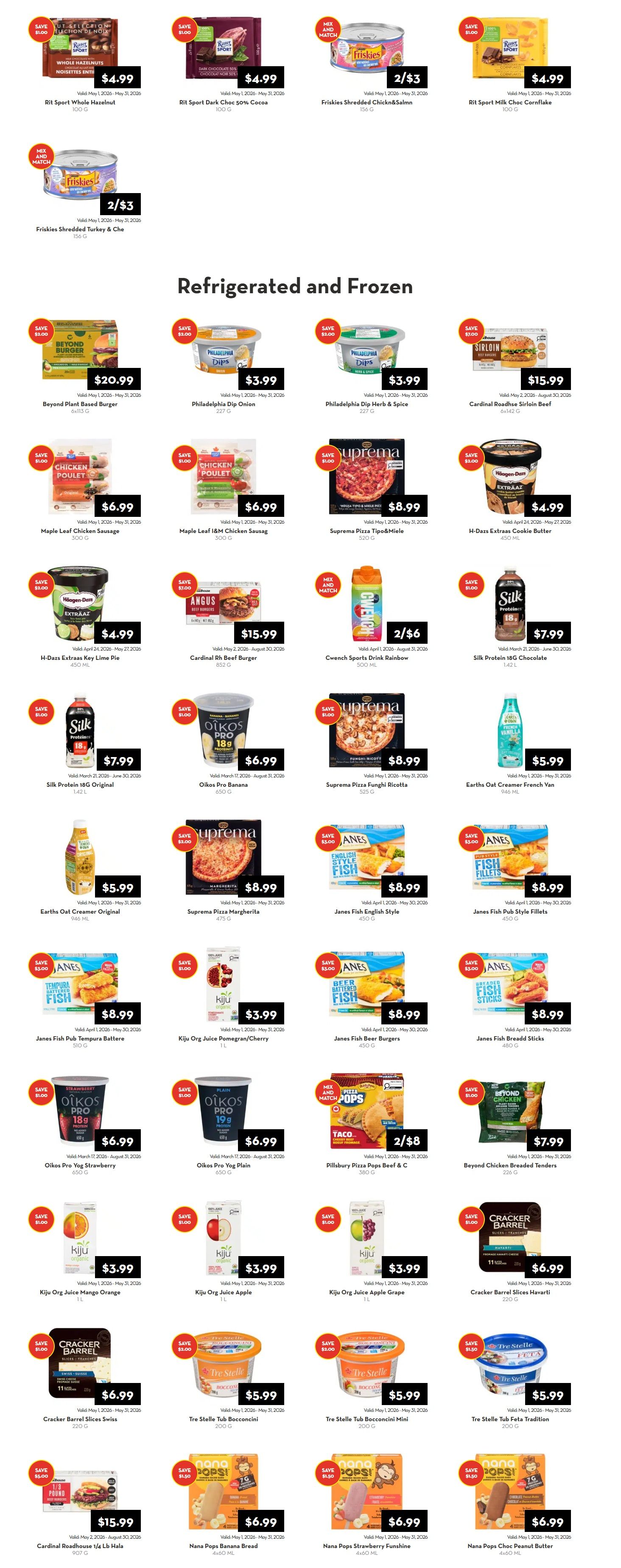 Rabba flyer specials page 6 features a wide selection of refrigerated and frozen items. Top row includes Rit Sport Whole Hazelnut for $4.99, Rit Sport Dark Chocolate 50% Cocoa for $4.99, Friskies Shredded Chicken & Salmon for 2/$3, and Rit Sport Milk Choc Cornflake for $4.99. The refrigerated and frozen section showcases Beyond Plant Based Burger for $20.99, Philadelphia Dip Onion for $3.99, Philadelphia Dip Herb & Spice for $3.99, and Cardinal Roadhise Sirloin Beef for $15.99. Also featured are Maple Leaf Chicken Sausage for $6.99, Maple Leaf I&M Chicken Sausage for $6.99, Suprema Pizza Tipo & Miele for $8.99, and H-Dazs Extraas Key Lime Pie for $4.99. Other deals include Silk Protein 18G Original for $7.99, Cardinal Rh Beef Burger for $15.99, Cwenck Sports Drink Rainbow for 2/$6, and Silk Protein 18G Chocolate for $7.99. Additionally, Oikos Pro Banana for $6.99, Suprema Pizza Funghi Ricotta for $8.99, and Earths Oat Creamer French Van for $5.99 are available. The page also lists Suprema Pizza Margherita for $8.99, Janes Fish English Style for $8.99, Janes Fish Pub Style Filets for $8.99, Janes Fish Beer Burgers for $8.99, and Janes Fish Breadd Sticks for $8.99. Kiju Org Juice Pomegranate/Cherry is $3.99. Oikos Pro Strawberry for $6.99 and Oikos Pro Plain for $6.99 are also on sale. Pillsbury Pizza Pops Beef & C for 2/$8 and Beyond Chicken Breaded Tenders for $7.99 are featured. Finally, Kiju Org Juice Mango Orange, Kiju Org Juice Apple, and Kiju Org Juice Apple Grape are all $3.99. Cracker Barrel Slices Swiss is $6.99, Tre Stelle Tub Bocconcini for $5.99, Tre Stelle Tub Bocconcini Mini for $5.99, and Tre Stelle Tub Feta Tradition for $5.99. The bottom row includes Cardinal Roadhouse 1/4 Lb Hala for $15.99, Nana Pops Banana Bread for $6.99, Nana Pops Strawberry Funshine for $6.99, and Nana Pops Choc Peanut Butter for $6.99.