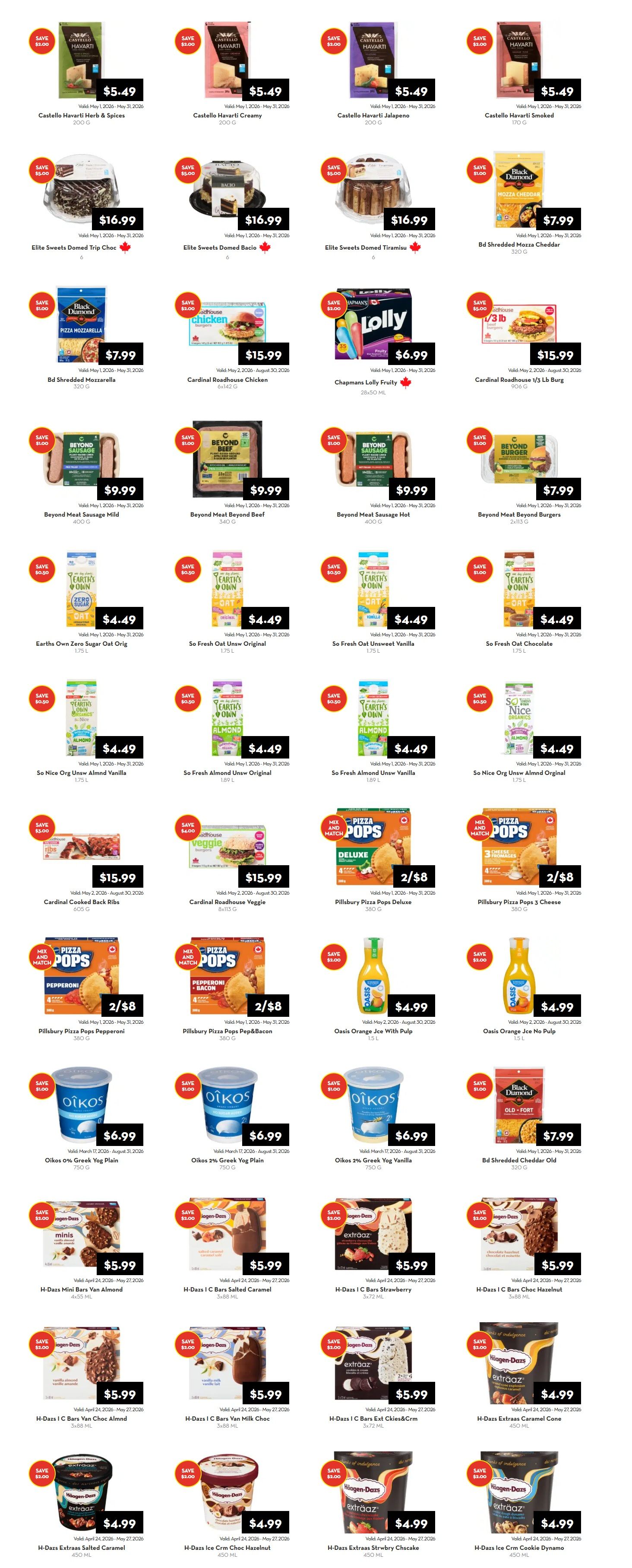 Rabba flyer specials page 7 features a variety of food items. Top row includes Castello Havarti Herb & Spices, Creamy, Jalapeno, and Smoked cheeses, all priced at $5.49. Next, Elite Sweets Domed Trip Choc, Bacio, and Tiramisu cakes are available for $16.99 each. Black Diamond Shredded Mozza Cheddar is $7.99. Cardinal Roadhouse Chicken and Cardinal Roadhouse 1/3 Lb Burg are $15.99. Chapmans Lolly Fruity is $6.99. Beyond Meat Sausage Mild, Beyond Meat Sausage Hot, and Beyond Meat Burgers are $9.99. Beyond Meat Beef is also $9.99. Earths Own Zero Sugar Oat Orig, So Fresh Oat Unsweet Original, So Fresh Oat Chocolate, So Nice Org Unsmw Almond Vanilla, So Fresh Almond Unsmw Vanilla, and So Fresh Oat Chocolate are all $4.49. Cardinal Cooked Back Ribs and Cardinal Roadhouse Veggie are $15.99. Pillsbury Pizza Pops Deluxe, Pepperoni, and Pizza Pops 3 Cheese are 2 for $8. Oasis Orange Juice with Pulp and Oasis Orange Juice No Pulp are $4.99. Oikos 0% Greek Yogurt Plain, Oikos 2% Greek Yogurt Plain, and Oikos 2% Greek Yogurt Vanilla are $6.99. Black Diamond Shredded Cheddar Old is $7.99. Haagen-Dazs Mini Bars Van Almond, I C Bars Salted Caramel, I C Bars Strawberry, I C Bars Choc Hazelnut, I C Bars Choc Almond, I C Bars Van Milk Choc, I C Bars Extr Chies&Crm are all $5.99. Haagen-Dazs Extraas Salted Caramel, Ice Crm Choc Hazelnut, Extraas Strwbry Chscake, and Ice Crm Cookie Dynamo are $4.99.