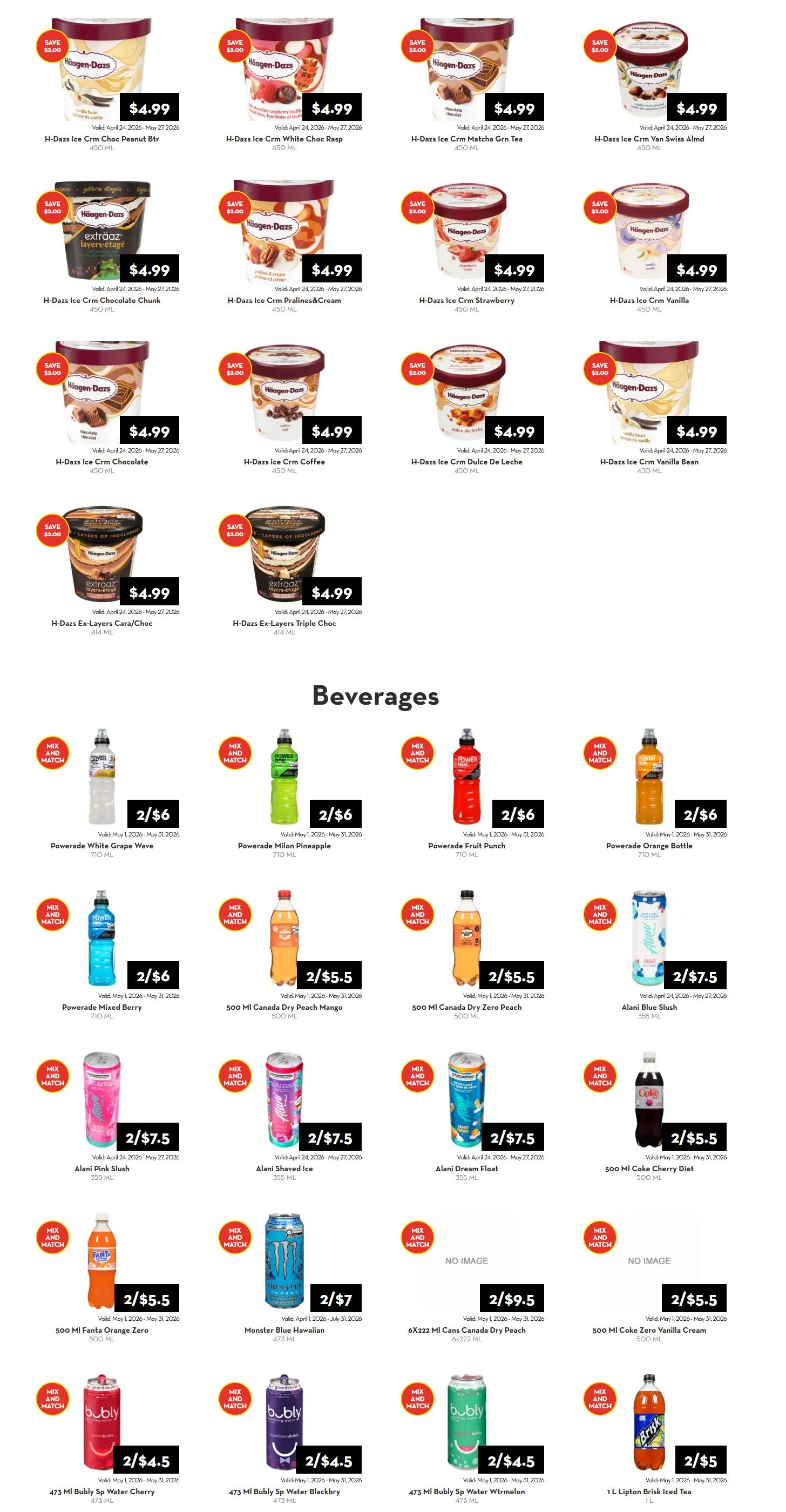 Rabba flyer specials page 8 features a wide selection of ice cream and beverages. Ice cream options include Haagen-Dazs Ice Cream in various flavours like Peanut Btr, White Choc Rasp, Matcha Grn Tea, Van Swiss Almd, Chocolate Chunk, Pralines&Cream, Strawberry, Vanilla, Vanilla Bean, Dulce De Leche, Coffee, Ex-Layers Cara/Choc, and Ex-Layers Triple Choc, all priced at $4.99 each. The beverage section offers Powerade in White Grape Wave, Milon Pineapple, Fruit Punch, and Orange Bottle flavours for 2 for $6. Also available are 500 ml Canada Dry Peach Mango and Canada Dry Zero Peach for 2 for $5.5. Alani Pink Slush, Alani Shaved Ice, and Alani Dream Float are featured at 2 for $7.5. Other beverage deals include 500 ml Fanta Orange Zero for 2 for $5.5, Monster Blue Hawaiian 473 ml for 2 for $7, and 6x222 ml Cans Canada Dry Peach for 2 for $9.5. Additionally, 500 ml Coke Cherry Diet and 500 ml Coke Zero Vanilla Cream are available for 2 for $5.5. Bubly Sparkling Water in Sp Water Cherry, Sp Water Blackberry, and Sp Water Wtrmelon flavours are 2 for $4.5. Finally, 1 L Lipton Brisk Iced Tea is on sale for 2 for $5.