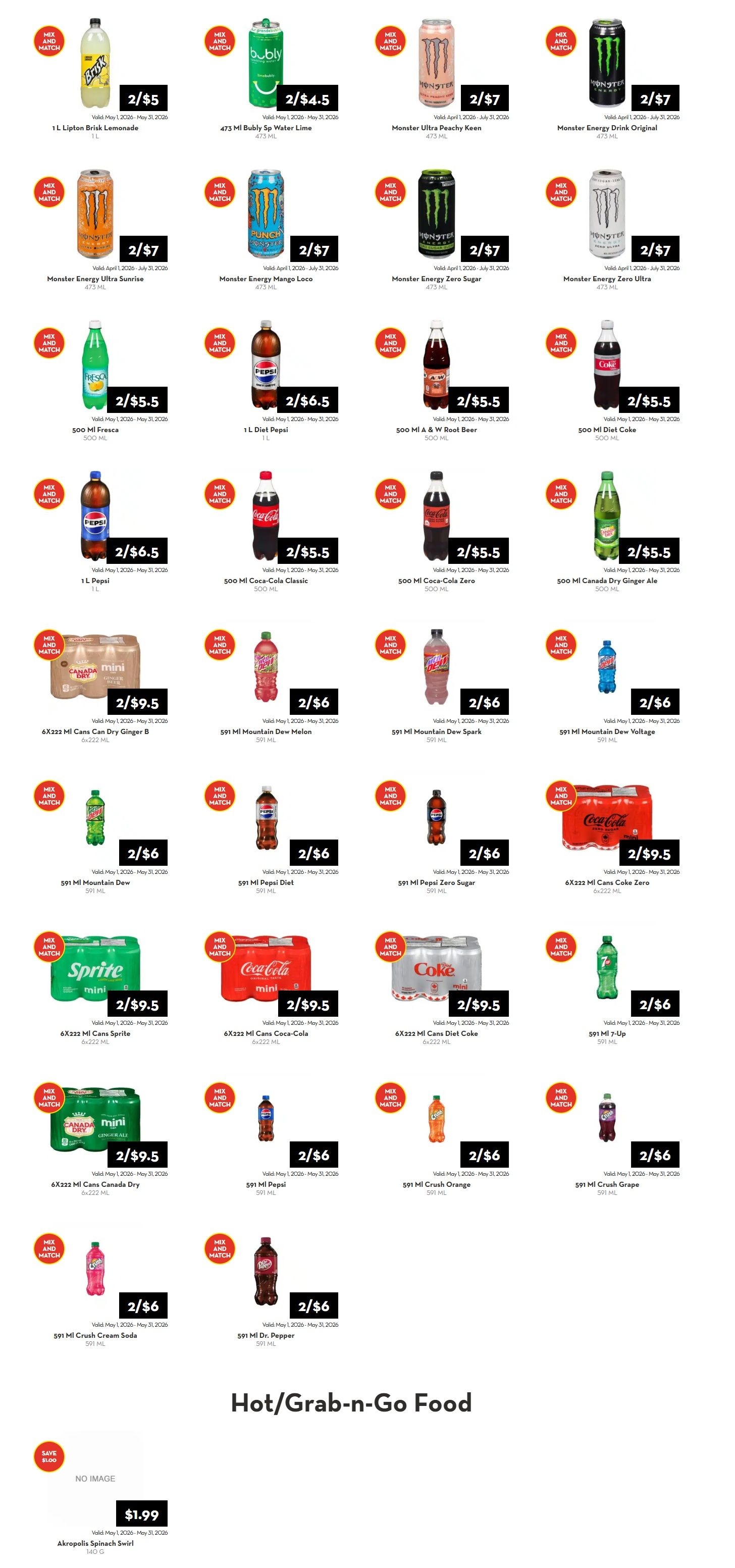 Rabba flyer specials page 9 features a wide selection of beverages and grab-and-go food. Drink specials include 1 L Lipton Brisk Lemonade for 2/$5, 473 ml Bubly Sp Water Lime for 2/$4.5, and various Monster Energy drinks like Ultra Peachy Keen, Ultra Sunrise, Mango Loco, Zero Sugar, and Zero Ultra, all priced at 2/$7. Other beverage deals are 500 ml Fresca, 1 L Diet Pepsi, 500 ml A & W Root Beer, 500 ml Diet Coke, 500 ml Coca-Cola Classic, and 500 ml Coca-Cola Zero, each for 2/$5.5. Also available are 591 ml Mountain Dew varieties including Melon, Spark, and Voltage, plus 591 ml 7-Up, 591 ml Pepsi Diet, 591 ml Pepsi Zero Sugar, 591 ml Pepsi, 591 ml Crush Orange, 591 ml Crush Grape, 591 ml Crush Cream Soda, and 591 ml Dr. Pepper, all at 2/$6. Multi-packs include 6x222 ml Canada Dry Ginger Ale, 6x222 ml Sprite, 6x222 ml Coca-Cola, and 6x222 ml Diet Coke, all for 2/$9.5. The Hot/Grab-n-Go Food section features Akropolis Spinach Swirl for $1.99.