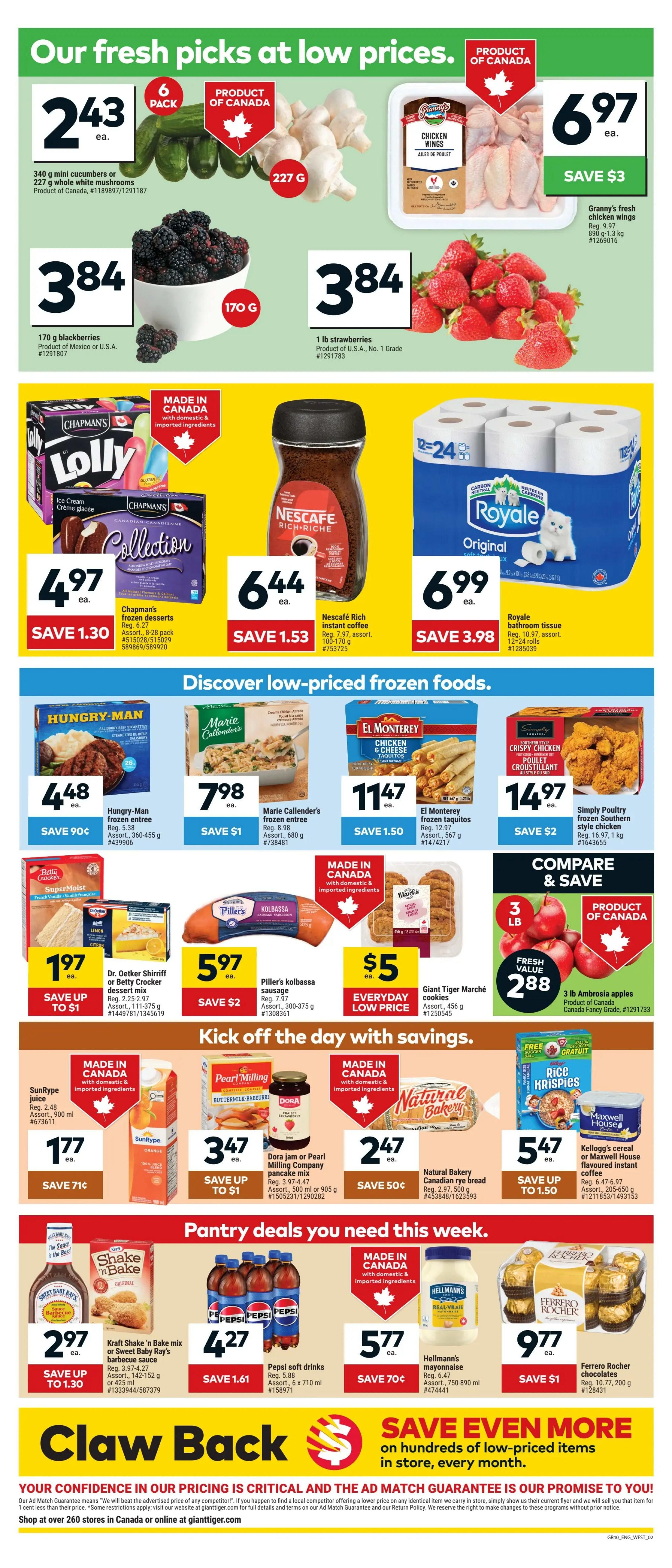 Giant Tiger weekly flyer specials page 2 features fresh produce including 6-pack mini cucumbers for $2.43, 227g whole white mushrooms for $2.43, 170g blackberries for $3.84, and 1lb strawberries for $3.84. Also featured are Granny's fresh chicken wings for $6.97, saving $3. In the frozen food section, discover Hungry-Man frozen entrees for $4.48, Marie Callender's frozen entrees for $7.98, El Monterey frozen taquitos for $11.47, and Simply Poultry frozen Southern style chicken for $14.97. Other deals include Chapman's frozen desserts for $4.97, saving $1.30, Nescafé Rich instant coffee for $6.44, saving $1.53, and Royale bathroom tissue for $6.99, saving $3.98. Piller's kolbassa sausage is $5.97, saving $2, and Giant Tiger Marche cookies are $5. Everyday low price. Kick off the day with savings on SunRype juice for $1.77, saving 71 cents, Dora jam or Pearl Milling Company pancake mix for $3.47, saving up to $1, and Natural Bakery Canadian rye bread for $2.47, saving 50 cents. Pantry deals include Kraft Shake 'n Bake mix or Sweet Baby Ray's barbecue sauce for $2.97, saving up to $1.30, Pepsi soft drinks 6 x 710 ml for $4.27, saving $1.61, Hellmann's mayonnaise for $5.77, saving 70 cents, and Ferrero Rocher chocolates for $9.77, saving $1. The page also highlights 3 lb Ambrosia apples for $2.88. Plus, find Kellogg's cereal or Maxwell House flavoured instant coffee for $5.47, saving up to $1.50. Shop over 260 stores in Canada or online at gianttiger.com.