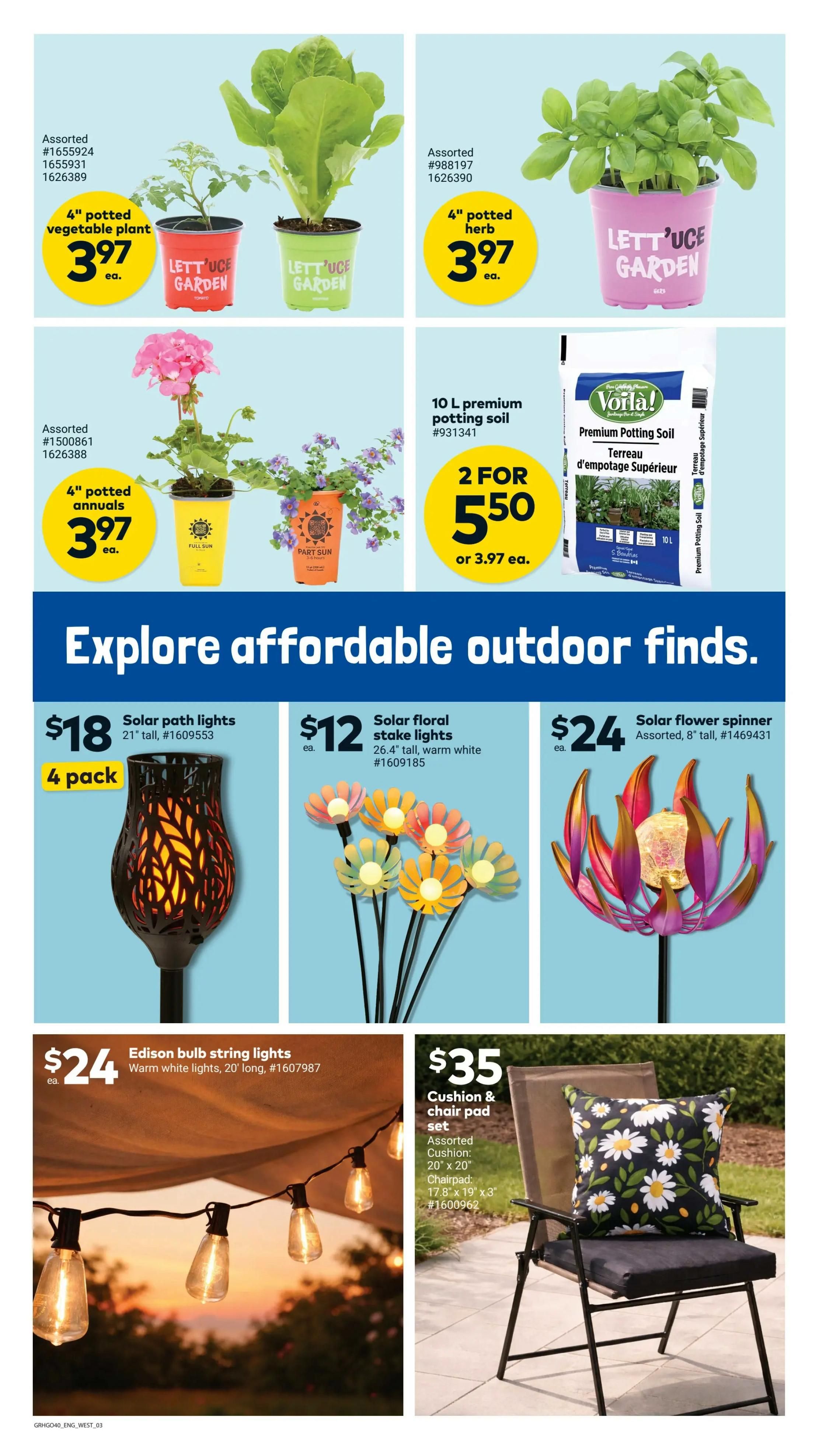 Giant Tiger weekly flyer specials page 3 features gardening supplies and outdoor decor. On this page, find assorted 4' potted vegetable plants for $3.97 each, assorted 4' potted herbs for $3.97 each, and assorted 4' potted annuals for $3.97 each. Also available is a 10 L premium potting soil, 2 for $5.50 or $3.97 each. Explore affordable outdoor finds including $18 for a 4-pack of 21' tall solar path lights, $12 for 26.4' tall warm white solar floral stake lights, and $24 for an assorted 8' tall solar flower spinner. Additionally, see $24 warm white Edison bulb string lights, 20' long, and a $35 cushion and chair pad set featuring an assorted daisy cushion (20' x 20') and chairpad (17.8' x 19' x 3').