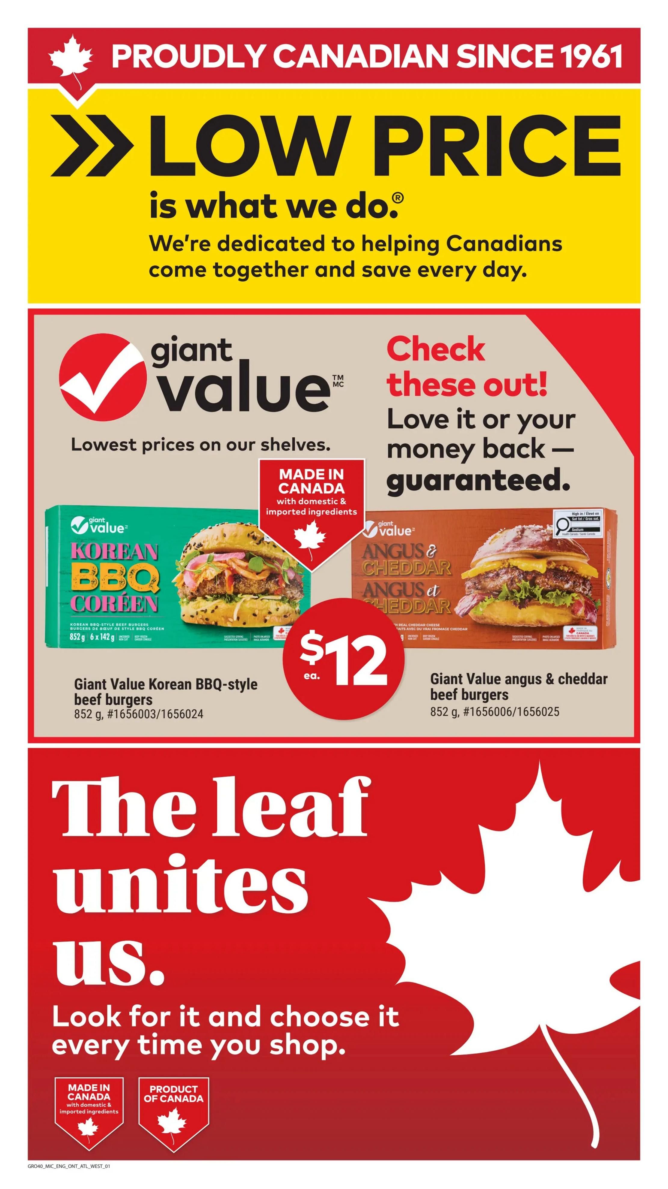 Giant Tiger weekly flyer specials page 5. Proudly Canadian since 1961, with a 'Low Price is What We Do' message. Featuring Giant Value Korean BBQ-style beef burgers, 852 g, for $12. Also available are Giant Value Angus & Cheddar beef burgers, 852 g, for $12. Both products are made in Canada with domestic and imported ingredients. The bottom of the page has a red banner with the text 'The leaf unites us. Look for it and choose it every time you shop.' and 'Made in Canada' and 'Product of Canada' logos.