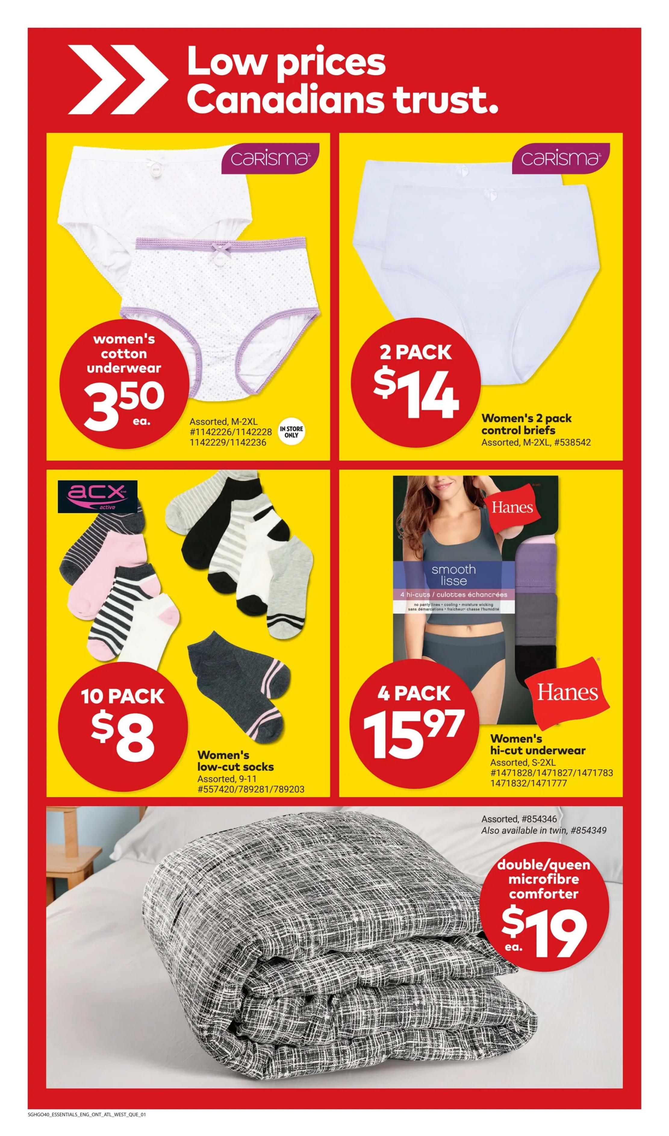 Giant Tiger weekly flyer specials page 7 features low prices. Top left: Carisma women's cotton underwear for $3.50 each, assorted M-2XL. Top right: Carisma women's 2-pack control briefs for $14, assorted M-2XL. Middle left: ACX Active women's 10-pack low-cut socks for $8, assorted sizes 9-11. Middle right: Hanes women's 4-pack hi-cut underwear for $15.97, assorted S-2XL. Bottom: Double/queen microfiber comforter for $19 each, assorted, also available in twin.