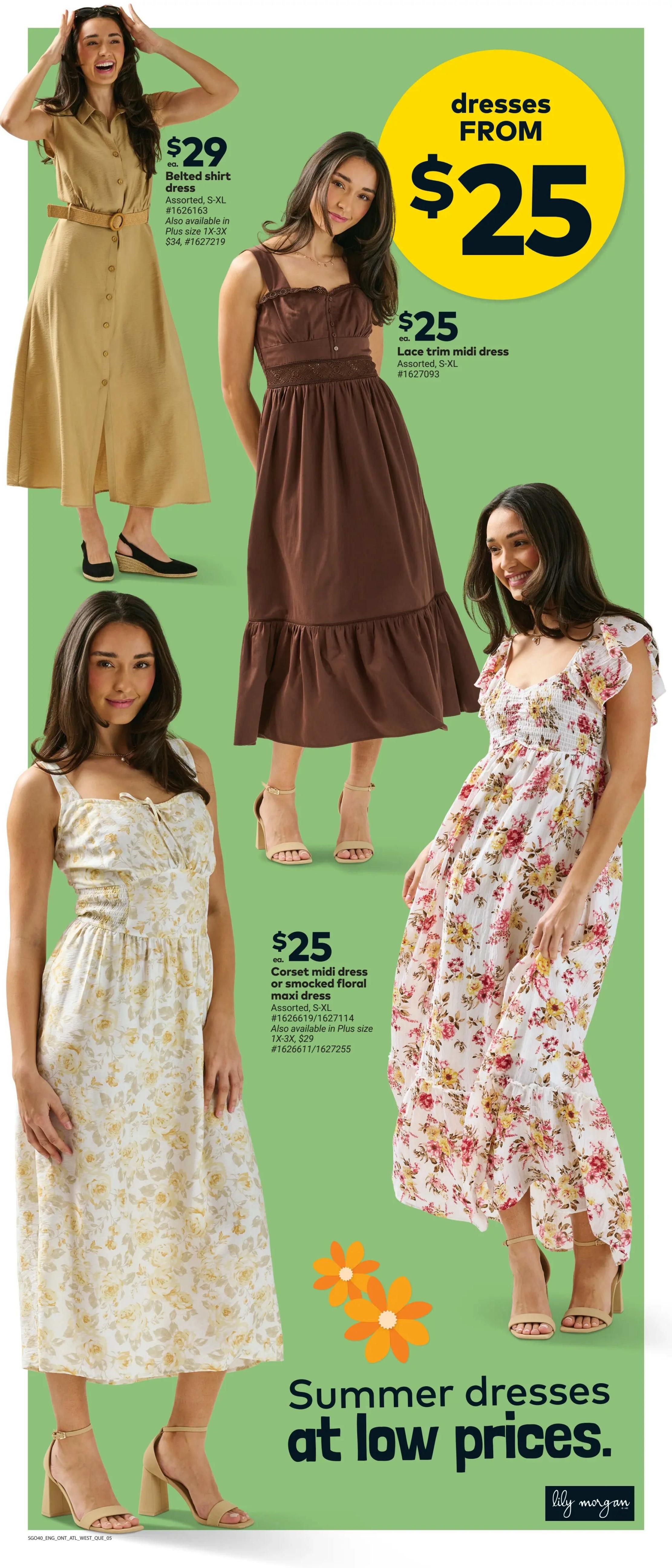 Giant Tiger weekly flyer specials page 8 features summer dresses at low prices. A belted shirt dress is available for $29 in assorted sizes S-XL, with plus sizes 1X-3X also available for $34. A lace trim midi dress is priced at $25 and available in sizes S-XL. A corset midi dress or smocked floral maxi dress is also $25, available in S-XL, and plus sizes 1X-3X for $29. The page highlights 'Summer dresses at low prices' from Lily Morgan.