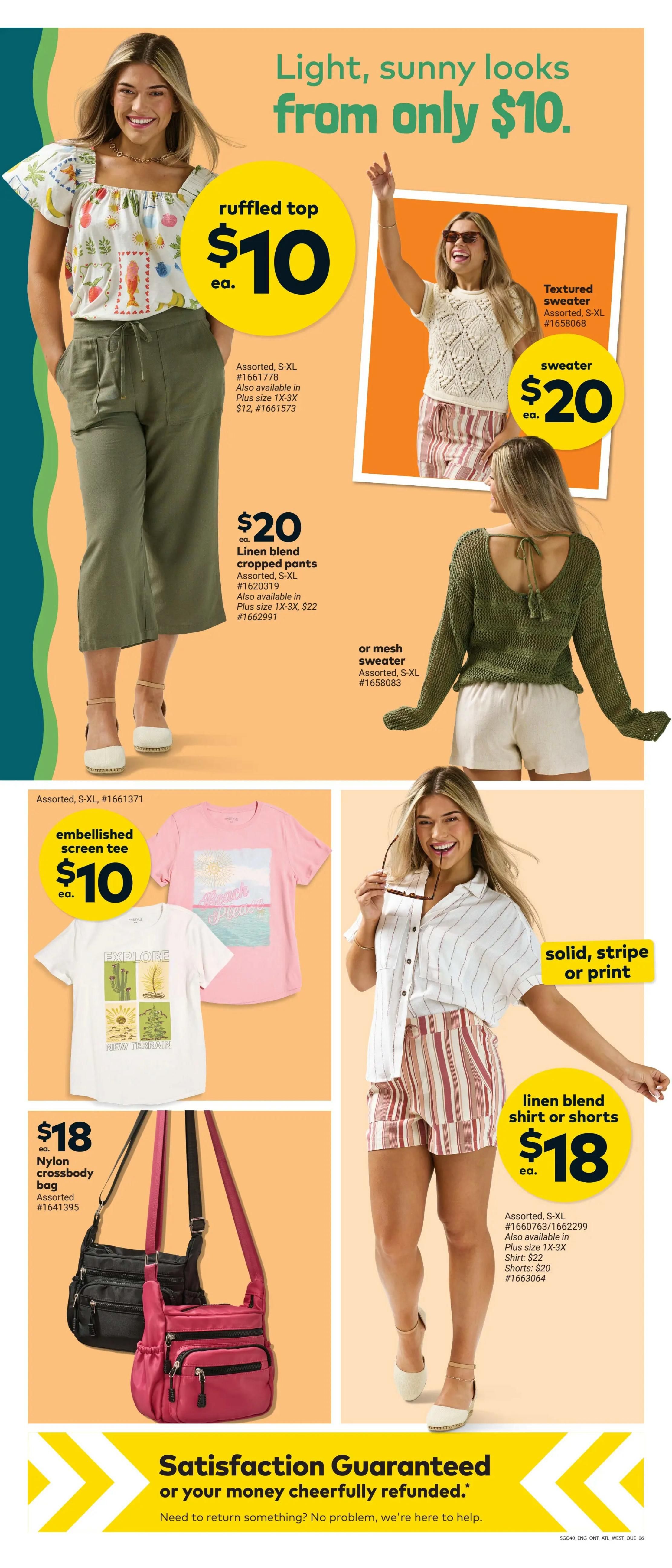 Giant Tiger weekly flyer specials page 9 features light and sunny looks starting from $10. Featured items include a ruffled top for $10 (assorted, S-XL, #1661778, also available in plus size 1X-3X for $12, #1661573). Linen blend cropped pants are $20 (assorted, S-XL, #1620319, also available in plus size 1X-3X for $22, #1662991). A textured sweater is $20 (assorted, S-XL, #1658068). Also available is a mesh sweater for $20 (assorted, S-XL, #1658083). Embellished screen tees are $10 each (assorted, S-XL, #1661371), with designs like 'Beach Please' and 'New Terrain'. A nylon crossbody bag is $18 (assorted, #1641395) in black and pink. Linen blend shirts or shorts are $18 (assorted, S-XL, #1660763/1662299, also available in plus size 1X-3X with shirts for $22, #1663064, and shorts for $20).