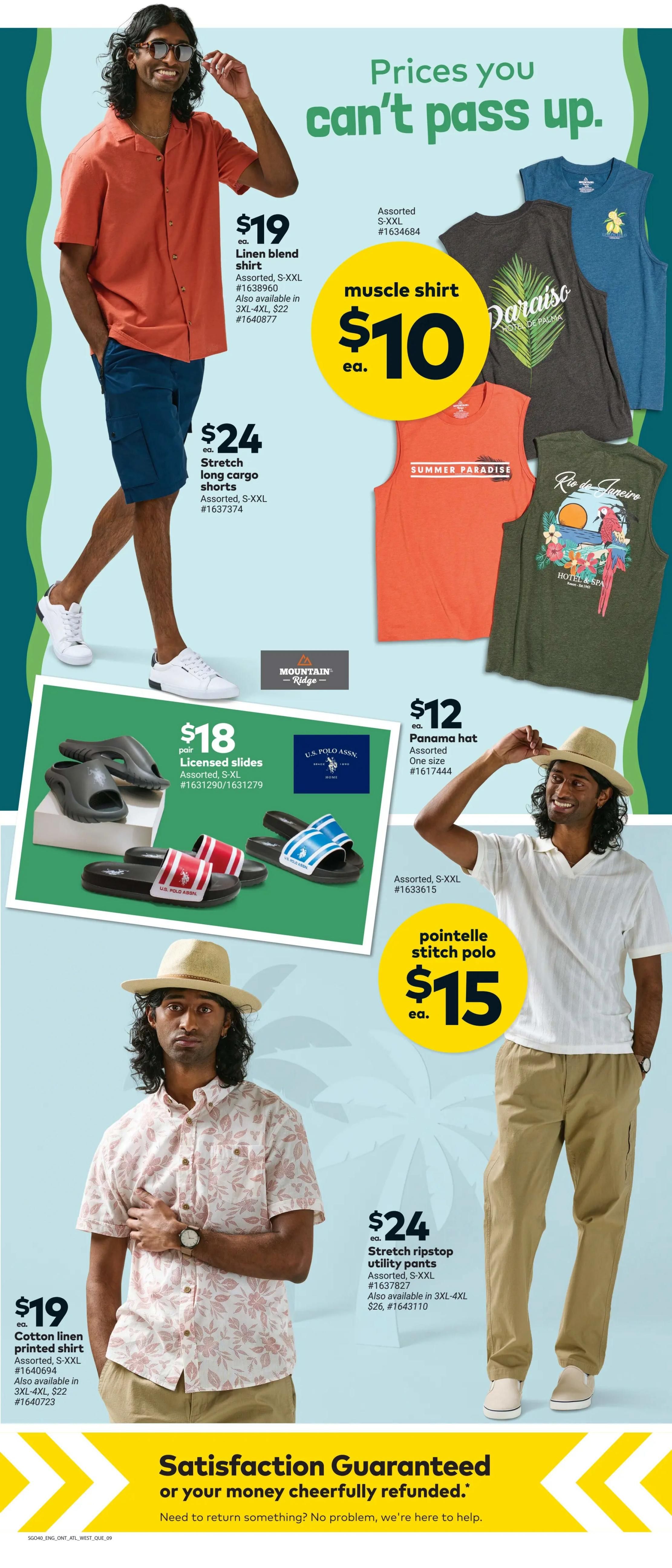 Giant Tiger weekly flyer specials page 12 features prices you can't pass up. On the left, a man models a $19 linen blend shirt, available in assorted S-XXL, with item #1638960. It's also available in 3XL-4XL for $22, item #1640877. Below, stretch long cargo shorts are $24, available in assorted S-XXL, item #1637374. In the centre, a selection of muscle shirts are $10 each, with assorted S-XXL sizes and item #1634684. Featured are a 'Summer Paradise' tank and a 'Rio de Janeiro' tank. On the right, a Panama hat is $12, one size, item #1617444. Below that, a man models a $15 pointelle stitch polo shirt, available in assorted S-XXL, item #1633615. At the bottom left, licensed slides are $18 per pair, available in assorted S-XL, with item numbers #1631290/1631279. A man is also shown wearing a $19 cotton linen printed shirt, available in assorted S-XXL, item #1640694, also available in 3XL-4XL for $22, item #1640723. Finally, stretch ripstop utility pants are $24, available in assorted S-XXL, item #1637827, and also available in 3XL-4XL for $26, item #1643110. The bottom of the page displays a satisfaction guarantee message.