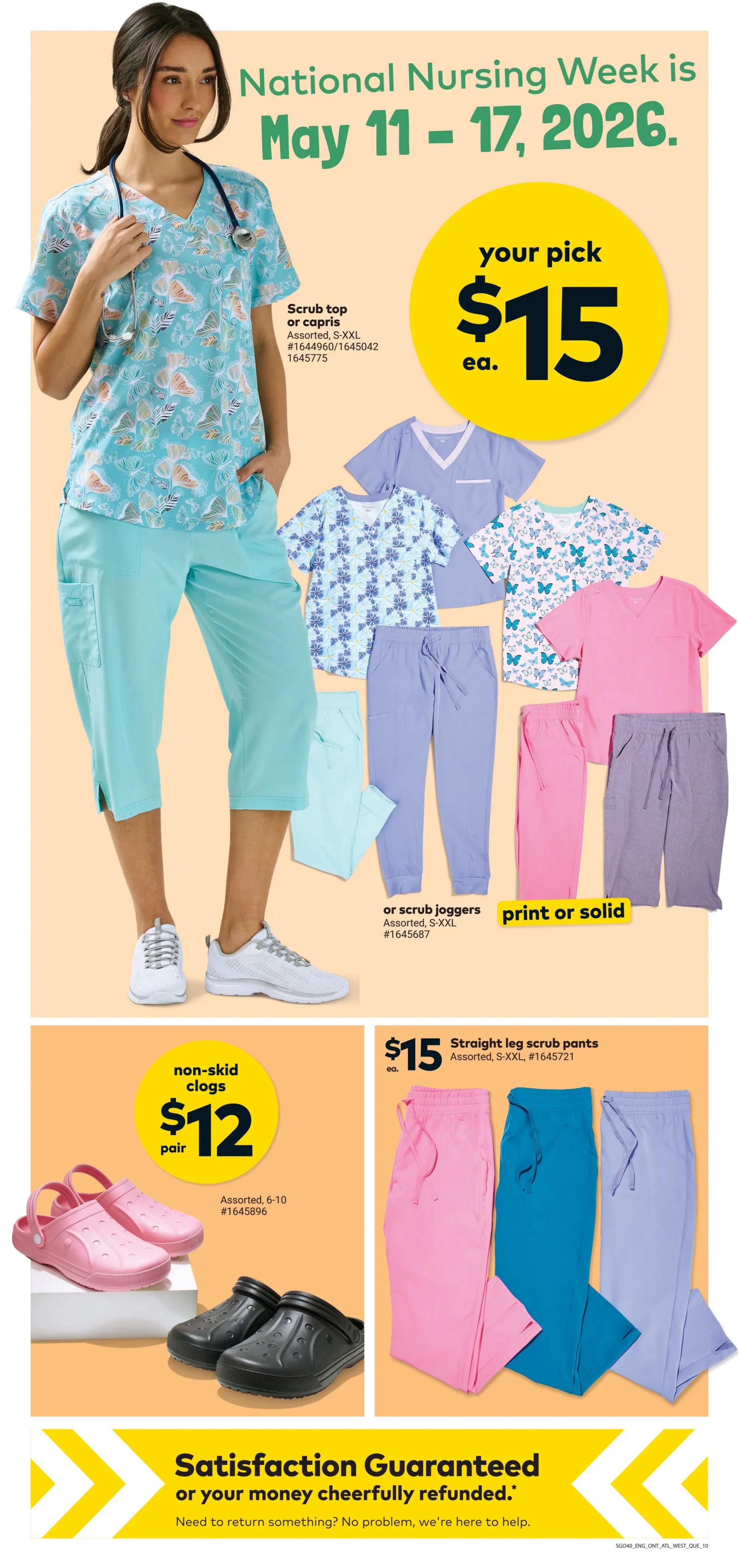 Giant Tiger flyer page featuring National Nursing Week specials from May 11-17, 2026. Offers include your pick of scrub tops or capris for $15 each, available in assorted sizes S-XXL. Also featured are scrub joggers in assorted prints or solid colours for $15, and straight leg scrub pants for $15 per pair, available in assorted sizes S-XXL and colours like pink, teal, and lavender. Non-skid clogs are available for $12 per pair, in sizes 6-10, shown in pink and black. The page also highlights a satisfaction guarantee.