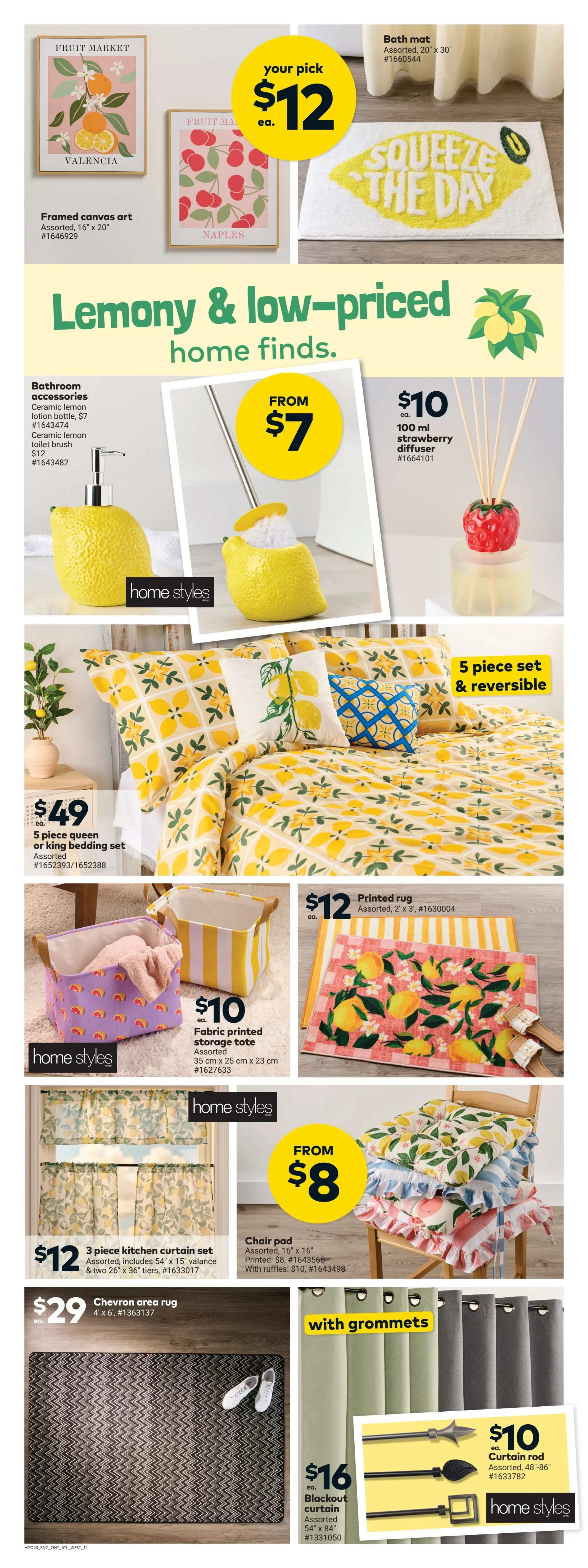 Giant Tiger weekly flyer specials page 14 features 'Lemony & low-priced home finds'. Your pick of assorted framed canvas art, 16' x 20', is $12 each. A bath mat, 20' x 30', is also available. Bathroom accessories include a ceramic lemon lotion bottle for $7 and a ceramic lemon toilet brush for $12. A 100 ml strawberry diffuser is $10. A 5-piece queen or king bedding set, assorted, is $49. Fabric printed storage totes are $10. A printed rug, 2' x 3', is $12. Chair pads are from $8, with ruffled options for $10. A 3-piece kitchen curtain set, including valance and two tiers, is $12. A 4' x 6' chevron area rug is $29. Blackout curtains, 54' x 84', are $16. Curtain rods, 48'-86', are $10.