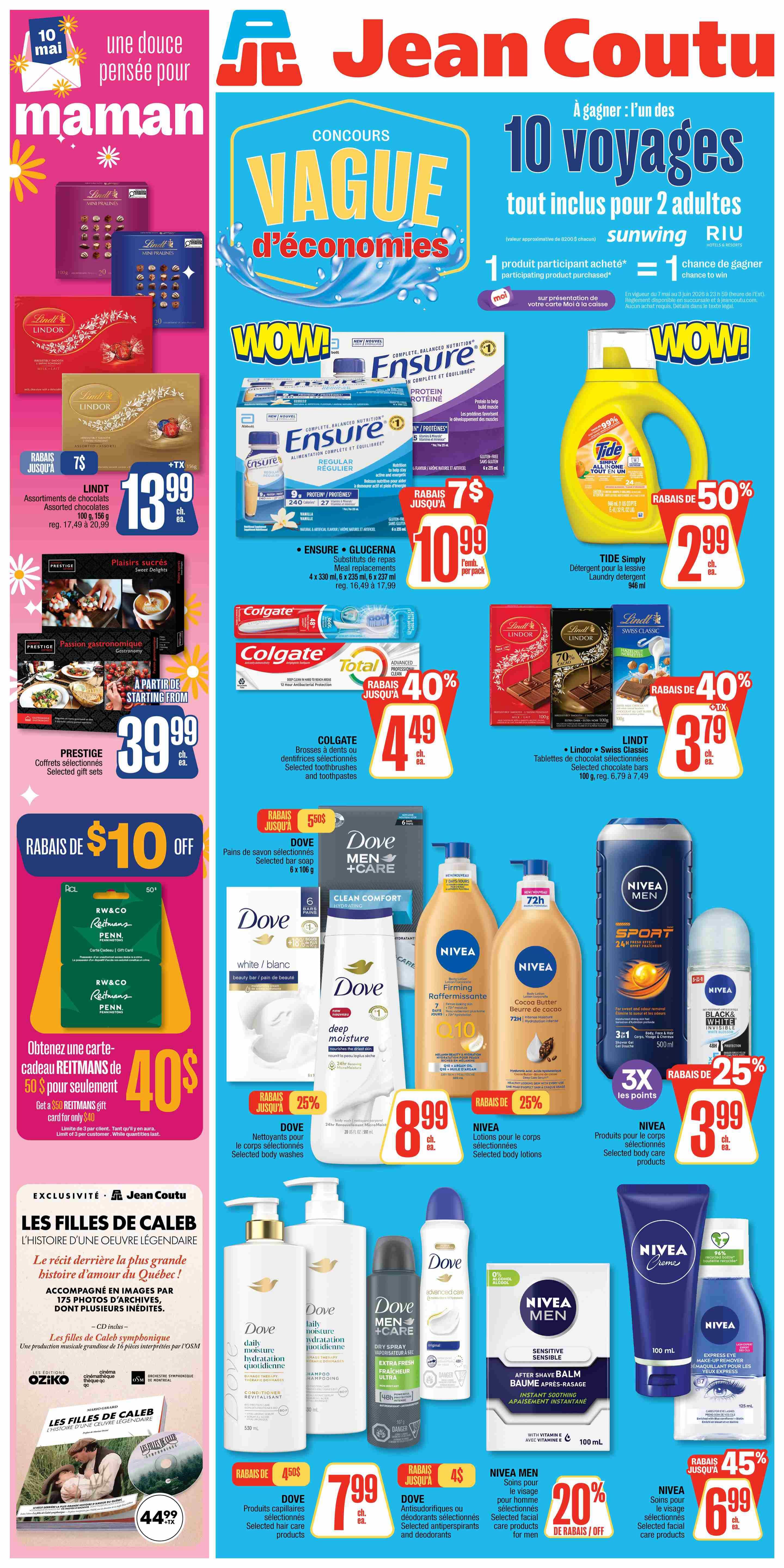 Jean Coutu weekly flyer specials for Quebec, page 2. Features a contest to win one of 10 all-inclusive trips for two adults to Sunwing RIU. Offers include Lindt assorted chocolates for $13.99, Prestige selected gift sets for $39.99, and a $10 off coupon for a $50 Reitmans gift card when purchased for $40. Also featured are Ensure Glucerna meal replacements for $10.99, Tide laundry detergent for $2.99 with 50% off, Colgate toothbrushes and toothpastes for $4.49 with 40% off, Lindt Swiss Classic chocolate bars for $3.79 with 40% off. Personal care items on sale include Dove selected bar soaps for $5.99, Dove selected body washes for $8.99 with 25% off, Dove selected hair care products for $7.99, Dove selected antiperspirants and deodorants for $4.99, Nivea firming body lotions for $8.99 with 25% off, Nivea selected body care products for $3.99 with 25% off, Nivea men's selected facial care products with 20% off, and Nivea selected facial care products for $6.99 with 45% off. The page also highlights the 'Les Filles de Caleb' book and CD set for $44.99.