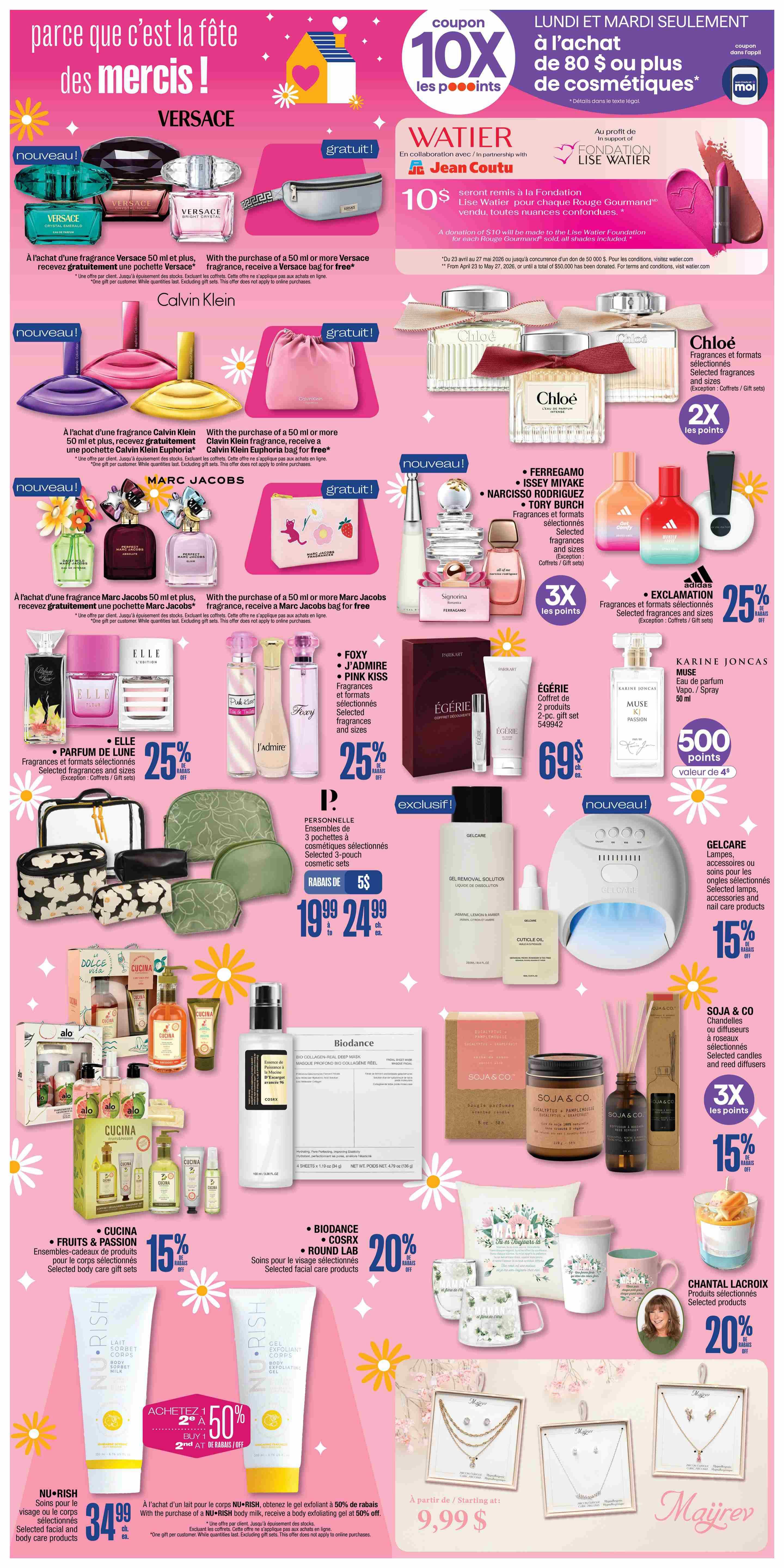 Jean Coutu weekly flyer specials page 4 features a wide array of beauty and personal care products. Promotions include Versace fragrances with a free Versace bag with purchase of 50ml or more, and Calvin Klein Euphoria fragrances with a free Calvin Klein Euphoria bag with purchase of 50ml or more. Marc Jacobs fragrances also come with a free Marc Jacobs bag with purchase of 50ml or more. Featured brands like ELLE, Foxy, J'Admit, and Égérie offer 25% off selected fragrances and formats. Karine Joncas Muse Eau de Parfum is available for 500 points. Gelcare lamps, accessories, and nail care products are 15% off. Biodance COSRX Round Lab selected facial care products are 20% off. Cucina and Fruits & Passions selected body care gift sets are 15% off. Nu-Rish body milk and body exfoliating gel are buy 1 get 1 50% off, with the body milk priced at $34.99. Chantal Lacroix selected products are 20% off. Soja & Co. selected candles and reed diffusers offer 3X loyalty points and are 15% off. Also featured are assorted mugs and decorative pillows. A selection of Majirev necklaces and earrings start at $9.99. A special offer for Lise Watier includes a $10 donation to the Lise Watier Foundation for each Rouge Gourmand lipstick sold. Additionally, a '10X les points' coupon is available for purchases of $80 or more in cosmetics on Monday and Tuesday only.