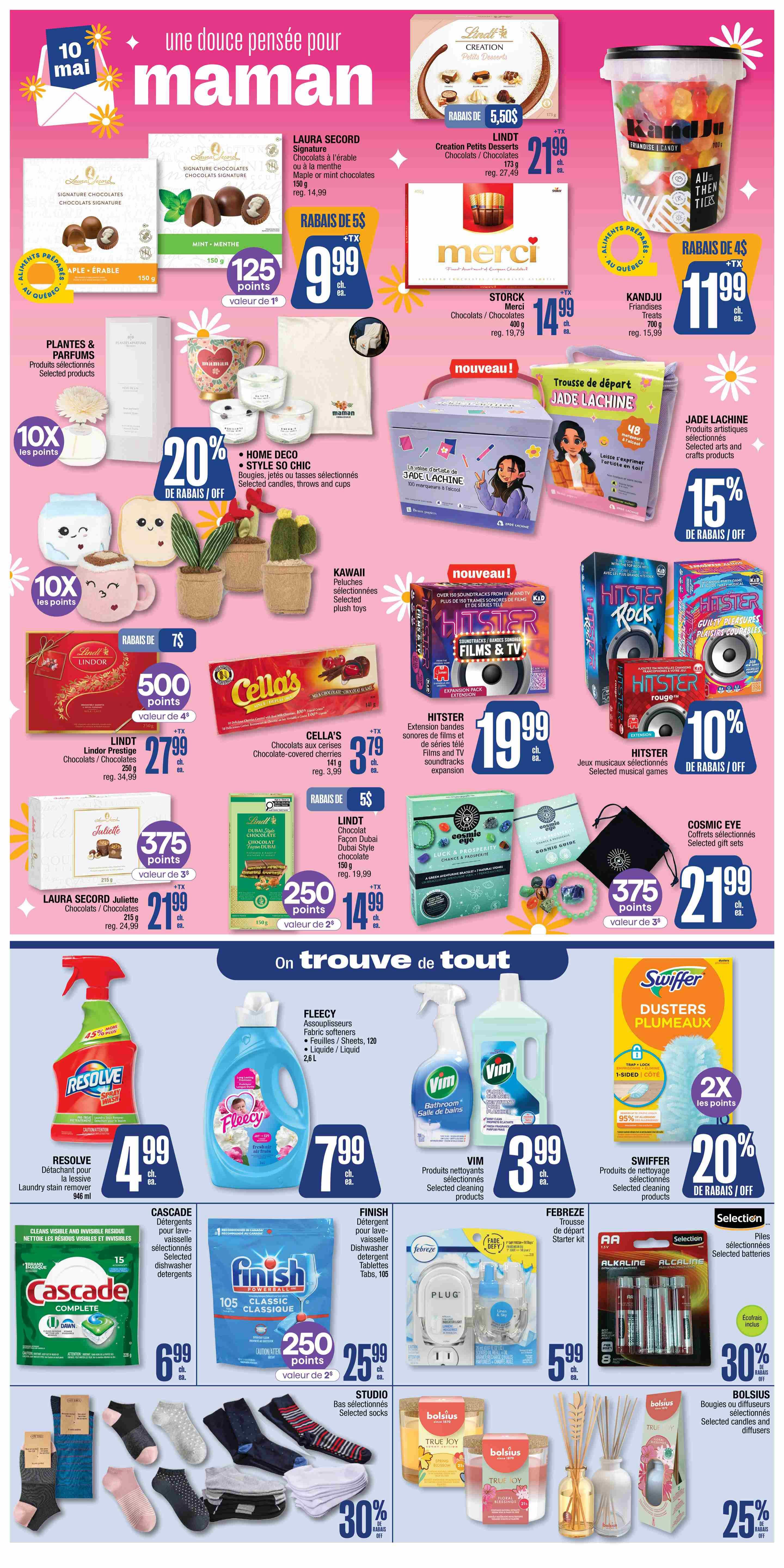 Jean Coutu weekly flyer specials page 5 features a wide variety of products for Mother's Day and household needs. Top section highlights include Lindt Creation Petits Desserts chocolates for $21.99, Laura Secord Signature chocolates for $9.99 with 125 bonus points, and Merci chocolates for $14.99. Also featured are Kandju Friandises for $11.99, and Jade Lachine craft kits starting at 15% off. Home decor items like Style So Chic candles and throws are 20% off. Kawaii plush toys are also available. In the bottom section, Resolve laundry stain remover is $4.99, Fleecy fabric softener is $7.99, and Vim cleaning products are $3.99. Cascade dishwasher detergent is $6.99, Finish dishwasher detergent tabs are $25.99 with 250 bonus points, and Febreze plug-ins are $5.99. Swiffer dusters are 20% off. Studio selected socks are 30% off, and Bolsius selected candles and diffusers are 25% off.