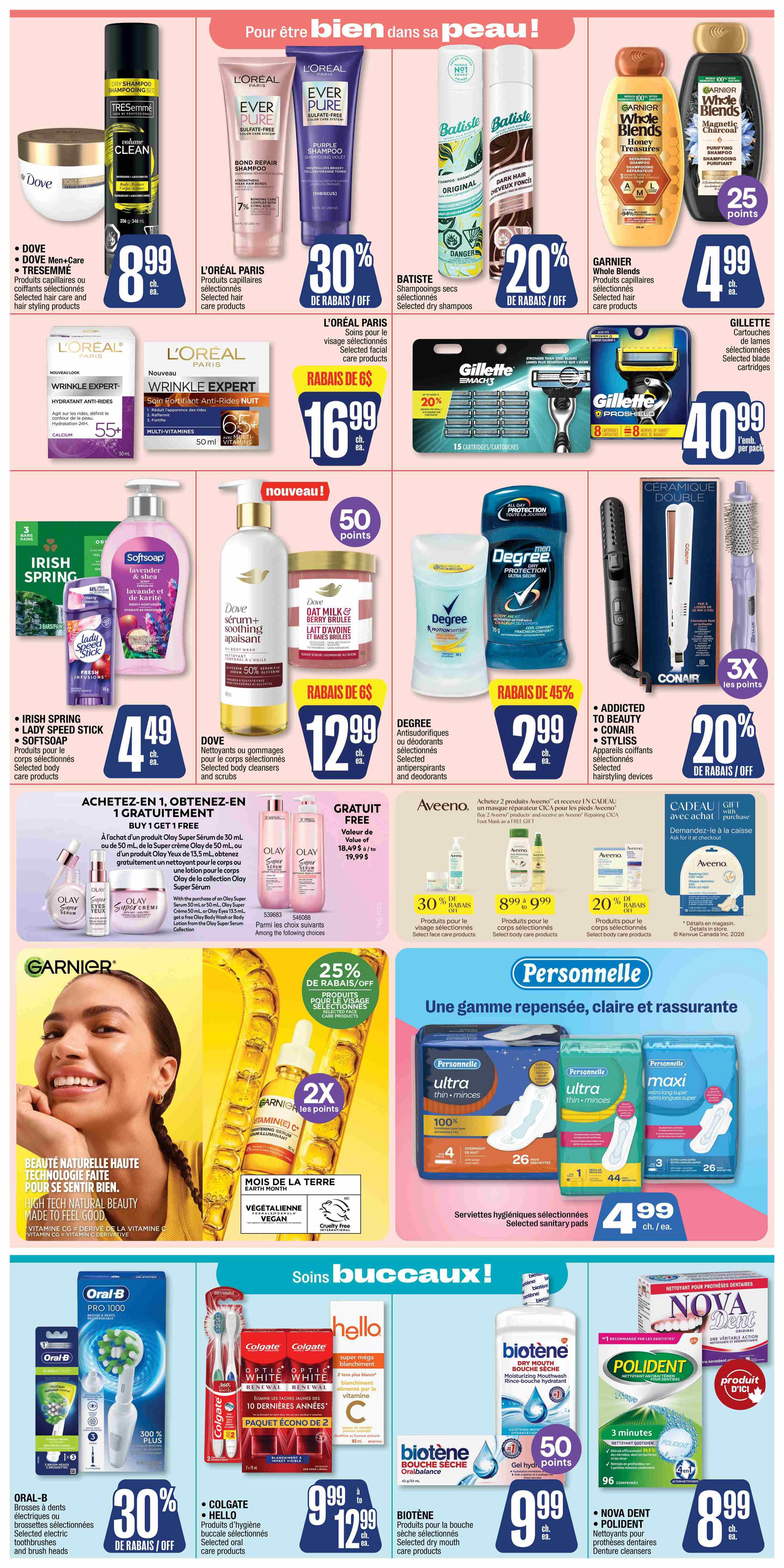 Jean Coutu weekly flyer specials page 8. Features Dove Men+Care, TRESemmé, and L'Oréal Paris hair care products with prices starting at $8.99. Also includes Batiste dry shampoos on sale for 20% off and Garnier Whole Blends shampoo for $4.99 with 25 bonus points. L'Oréal Paris Wrinkle Expert facial care is $16.99. Gillette Mach3 razor cartridges are $40.99. Irish Spring, Lady Speed Stick, and Softsoap body care products are $4.49. Dove body cleansers and scrubs are $12.99 with 50 bonus points. Degree antiperspirants and deodorants are on sale for 45% off, priced at $2.99. Conair and Styliss hairstyling devices are 20% off. Olay Super Serum, Eye Cream, and Super Cream are buy 1 get 1 free. Aveeno products are featured with discounts of 30% off, $8.99 to $9.99, and 20% off. Personnelle sanitary pads are $4.99. Garnier Vitamin C serum is 25% off. Oral-B Pro 1000 toothbrushes are 30% off. Colgate and Hello oral care products are $9.99 to $12.99. Biotene dry mouth care products are $9.99 with 50 bonus points. Polident denture cleansers and Nova Dent products are $8.99.