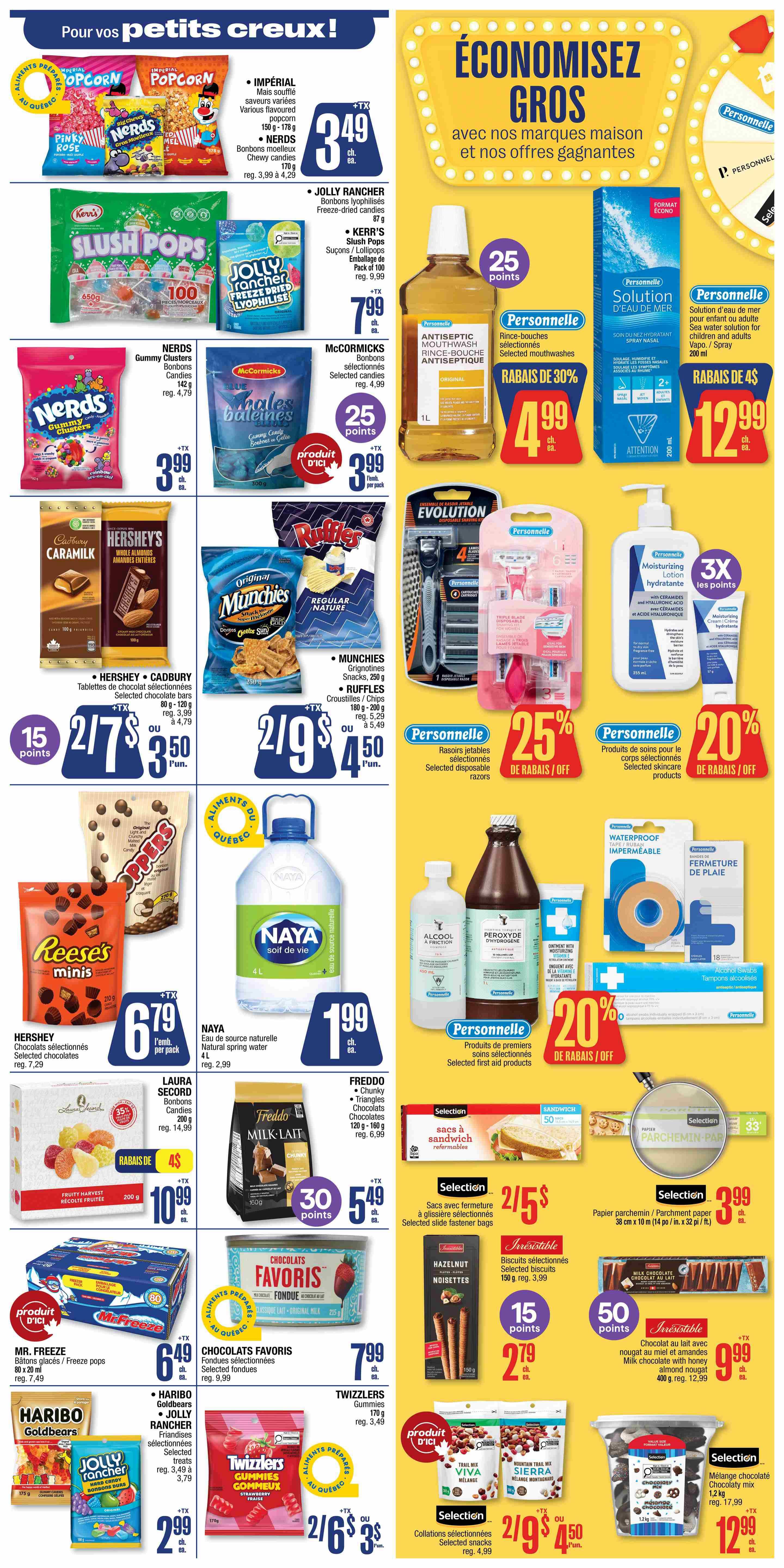 Jean Coutu weekly flyer specials page 10 features 'For your little cravings!' with Imperial Popcorn for $3.49, Jolly Rancher Freeze-dried candies for $7.99, Kerr's Slush Pops for $7.99, and Nerds Gummy Clusters for $3.99. Also featured are McCormick's selected candies for $3.99. 'Save Big' with Personnelle brand products: Antiseptic Mouthwash for $4.99 (30% off), Sea Water Solution for $12.99 (Save $4), and selected disposable razors for $4.99 (25% off). Hershey and Cadbury selected chocolate bars are 2 for $7 or $3.50 each, with 15 bonus points. Munchies snacks and Ruffles chips are 2 for $9 or $4.50 each. Naya natural spring water 4L is $1.99. Laura Secord selected candies are $10.99 (35% off). Freddo Chunky or Triangles chocolates are $5.49. Mr. Freeze pops are $6.49. Haribo Goldbears and Jolly Rancher selected treats are 2 for $2.99. Twizzlers Gummies are $3.49. Chocolats Favoris selected fondue is $7.99. Irresistible cookies are 2 for $5 or $2.79 each with 15 bonus points. Milk chocolate with nuts and almonds is $9.99. Selection brand items include reformable sandwich bags for 2 for $5, selected hazelnut cookies for $2.79 with 15 bonus points, parchment paper for $3.99, selected snacks for 2 for $9 or $4.50 each, and mixed chocolate candy for $12.99.