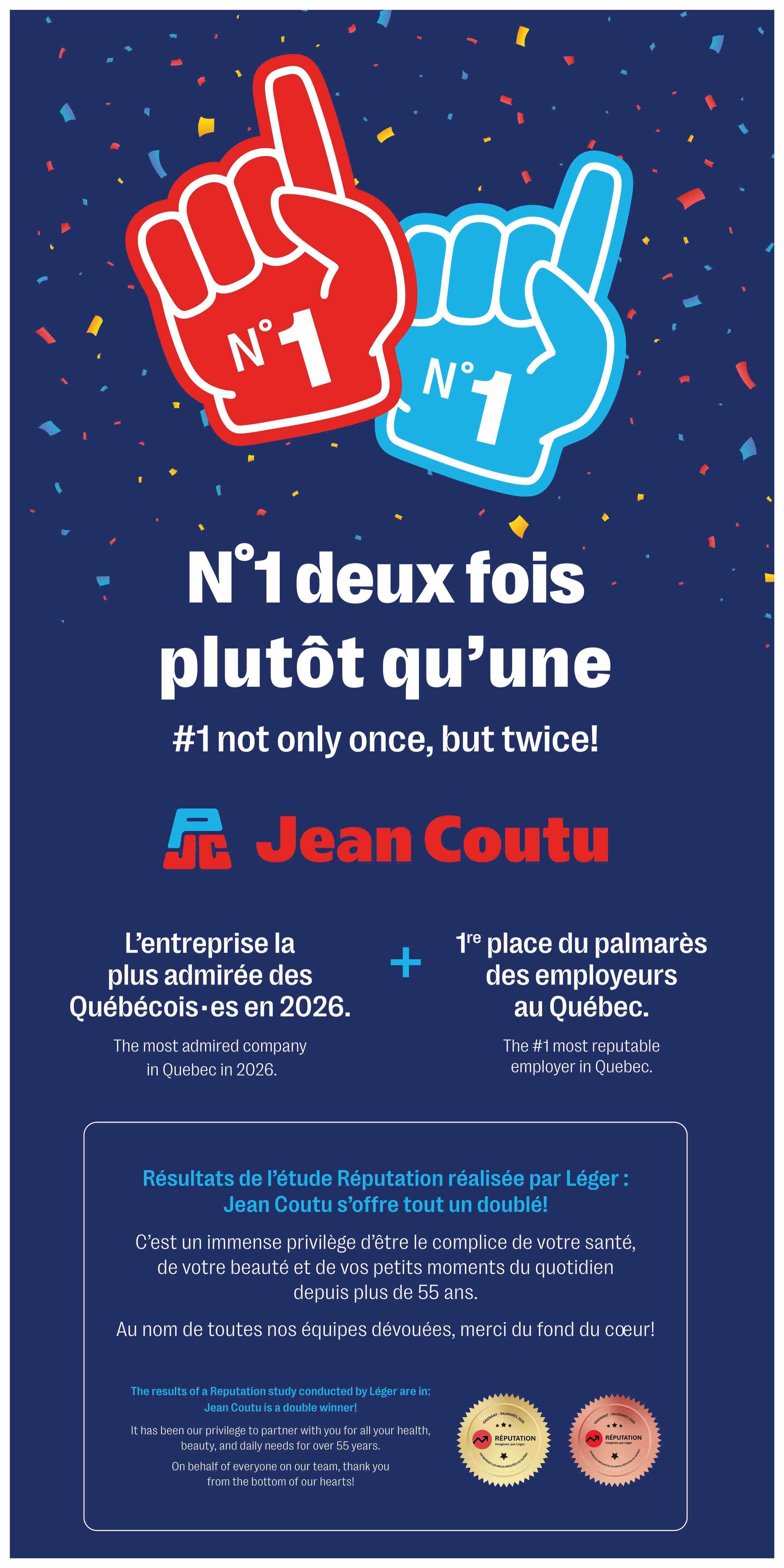 Jean Coutu flyer page 14, featuring two foam fingers with 'N°1' printed on them, symbolizing Jean Coutu's achievement of being '#1 not only once, but twice!'. The page highlights that Jean Coutu is the most admired company in Quebec in 2026 and the #1 most reputable employer in Quebec. It also mentions results from a Léger Reputation study, stating Jean Coutu is a double winner and has been a partner for over 55 years, thanking customers for their support.