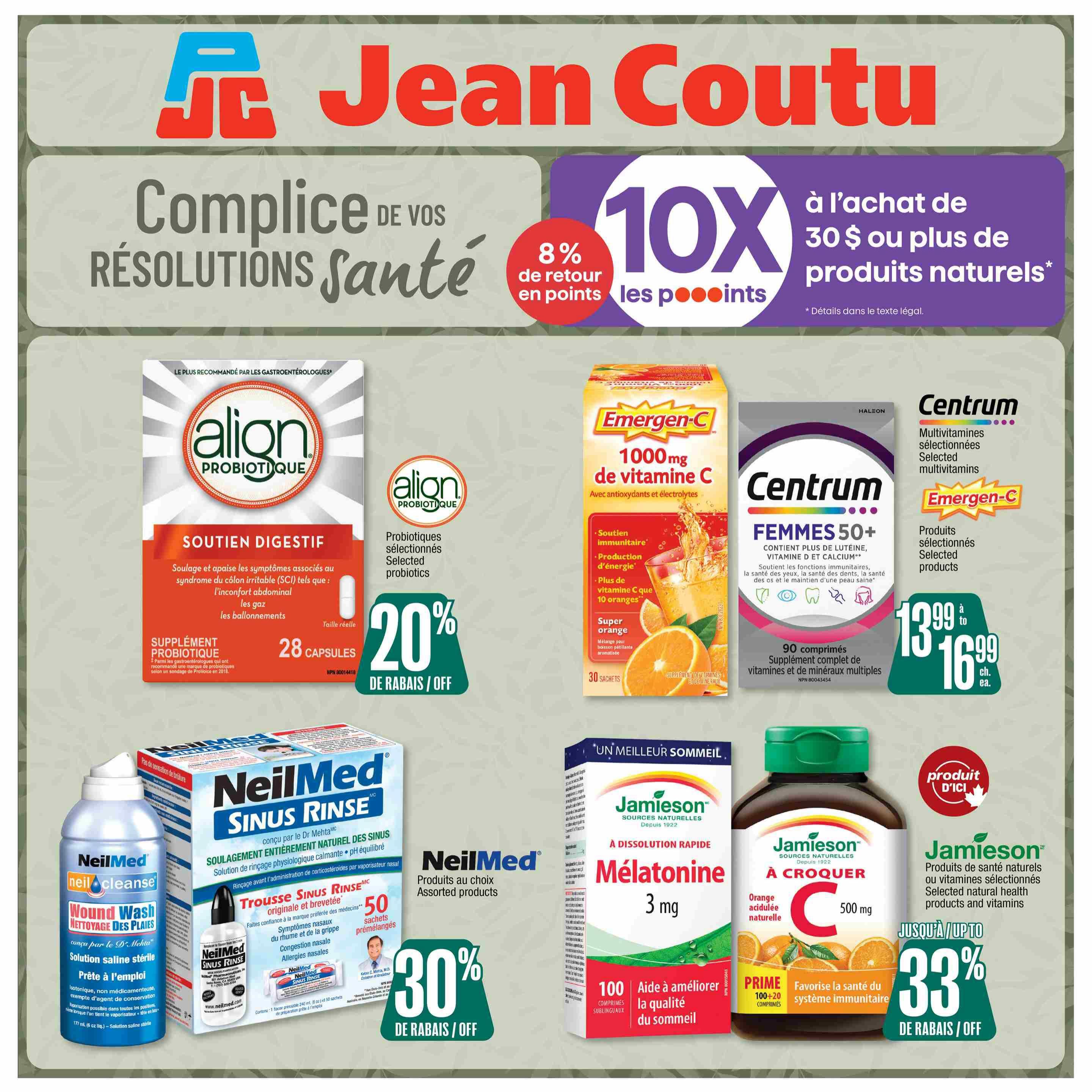 Jean Coutu flyer page featuring health and wellness products. Offers include 8% back in points and 10X points on purchases of $30 or more in natural products. Featured products: Align Probiotic Digestive Support supplement with 28 capsules, on sale for 20% off. Emergen-C 1000mg Vitamin C Super Orange flavour with 30 sachets. Centrum Femmes 50+ multivitamins with 90 tablets, on sale for $13.99 to $16.99 each. NeilMed Sinus Rinse products, including Wound Wash and Sinus Rinse with 50 pre-mixed sachets, on sale for 30% off. Jamieson Melatonin 3mg sublingual tablets for better sleep, 100+20 free tablets, and Jamieson Vitamin C 500mg chewable tablets, on sale for 33% off.