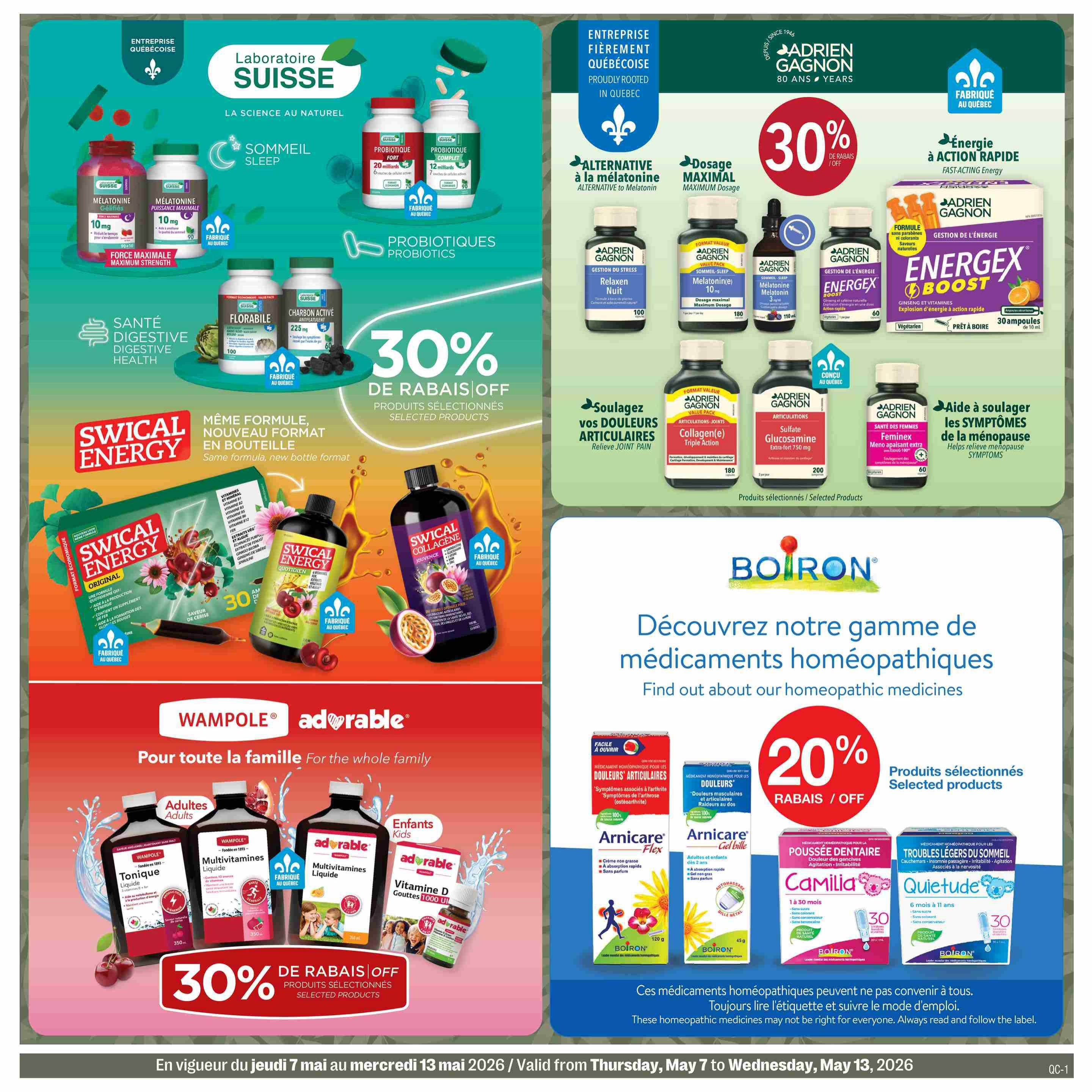Jean Coutu flyer page 17 featuring a variety of health and wellness products. Top section highlights Laboratoire Suisse products including Melatonin Gélifiés (maximum strength), Probiotiques Fort and Probiotiques Complet. Also features Adrien Gagnon products like Relaxen Nuit, Melatonin(e) 10 mg, Energex Boost, Collagen(e) Triple Action, Sulfate Glucosamine Extra-fort, and Feminine Meno apaisant extra. Many of these are 'Fabriqué au Québec' (Made in Quebec). A large '30% OFF SELECTED PRODUCTS' banner is visible. The middle section showcases Swical Energy Original and Swical Collagène Jouvence, with a '30% OFF SELECTED PRODUCTS' offer. The bottom section features Wampole and Adorable products for the whole family, including Tonique, Multivitamines Liquide (Adults and Kids), and Vitamine D Gouttes 1000 UI, also with a '30% OFF SELECTED PRODUCTS' offer. The right side of the page promotes Boiron homeopathic medicines with a '20% OFF SELECTED PRODUCTS' offer, featuring Arnicares Flex and Gel bille for joint pain, Camilia for teething, and Quiétude for sleep troubles. The flyer is valid from Thursday, May 7 to Wednesday, May 13, 2026.