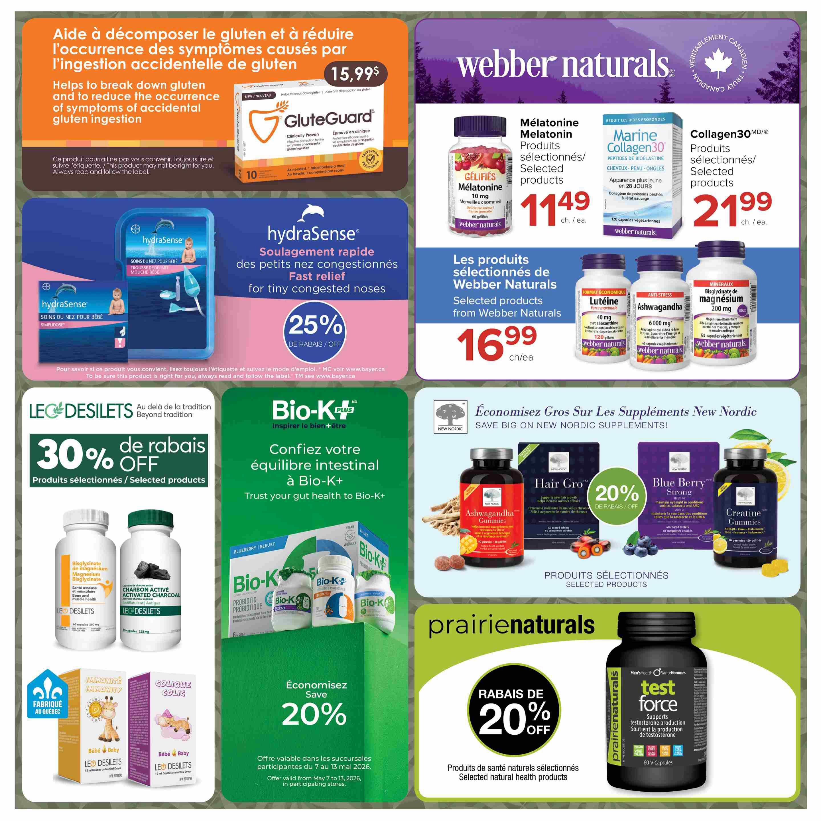 Jean Coutu weekly flyer specials page 18 features a variety of health and wellness products. Top left: GluteGuard for gluten ingestion symptoms, priced at $15.99. Next to it, hydraSense for tiny congested noses. Top right: Webber Naturals selected products including Melatonin 10 mg gummies for $11.49, Marine Collagen30 for $21.99, and other selected products for $16.99. Middle section: Le Desilets offers 30% off selected products, including Bisglycinate of magnesium and activated charcoal capsules. Bio-K+ probiotic drinks are featured with a 25% discount. Bottom section: New Nordic supplements like Hair Gro, Blue Berry, and Creatine Gummies are on sale with a 20% discount. Prairienaturals offers 20% off selected natural health products, including Test Force for testosterone production. The offer is valid from May 7 to May 13, 2026, in participating stores.