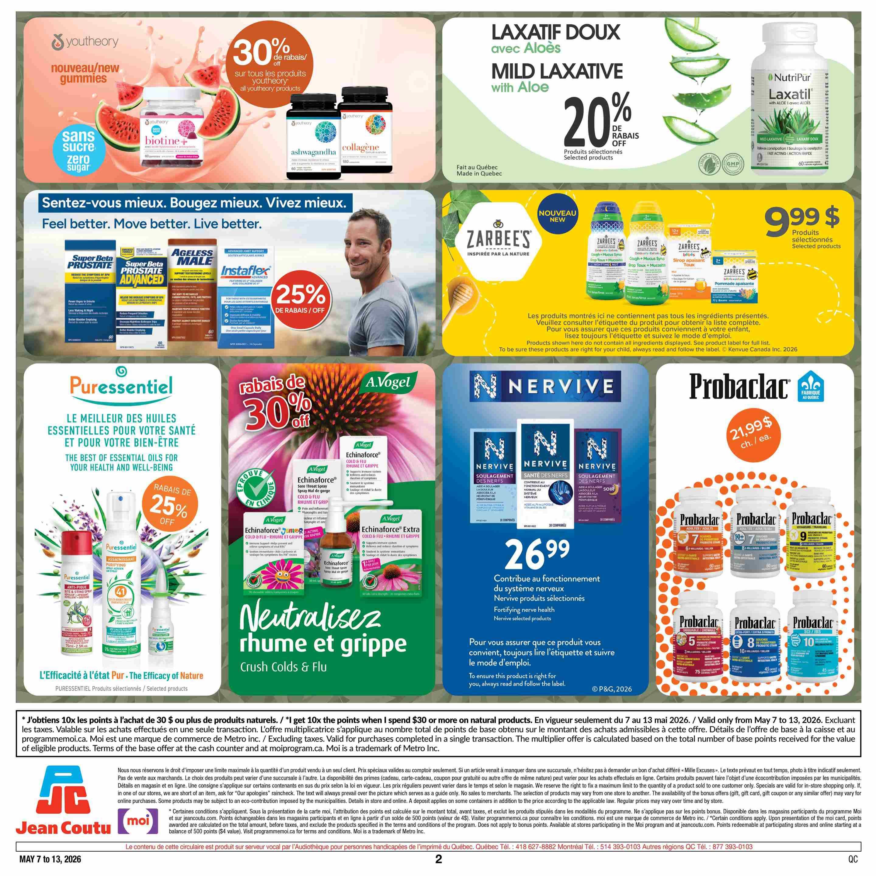 Jean Coutu weekly flyer specials, page 19. Top section features Youtheory new gummies and other Youtheory products with 30% off. Also, Mild Laxative with Aloe by NutriPur is 20% off. Below, feel better, move better, live better with products like Super Beta Prostate, Super Beta Prostate Advanced, Ageless Male, and Instaflex Advanced, all with 25% off. A large section highlights Puressentiel essential oils for health and well-being, with a 25% discount on selected products including anti-itch and sting spray, and Echinaceaforce cold & flu spray and junior spray. Zarbee's new products, including cough syrup and soothing ointment, are available for $9.99. Nervive selected products for nerve health are $26.99. Probarclac selected products are $21.99 each. The flyer is valid from May 7 to May 13, 2026.