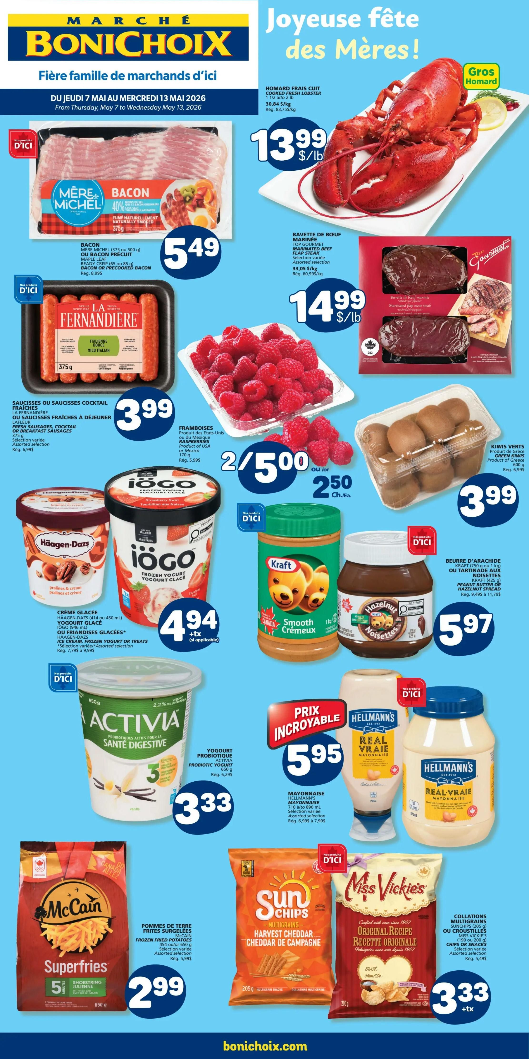 Marché Bonichoix flyer page 1 features a 'Happy Mother's Day!' theme. Highlights include: Cooked fresh lobster for $13.99/lb, Top Gourmet Marinated Beef Flap Steak for $14.99/lb, Mère Michel Bacon for $5.49, La Fernandière Cocktail or Breakfast Sausages for $3.99, Raspberries from the USA or Mexico for 2 for $5.00, Green Kiwis for $3.99. Also featured are Häagen-Dazs Ice Cream or Frozen Yogurt Treats for $4.94, Iögo Frozen Yogurt Glacé for $4.94, Activia Probiotic Yogurt for $3.33, Kraft Smooth Peanut Butter for $5.97, and Hazelnut Spread for $5.97. Additionally, Hellmann's Mayonnaise is on sale for $5.95. McCain Superfries Shoestring Fries are $2.99, SunChips Multigrains Harvest Cheddar chips are $2.50 each, and Miss Vickie's Original Recipe Multigrain Chips or Crisps are $3.33.