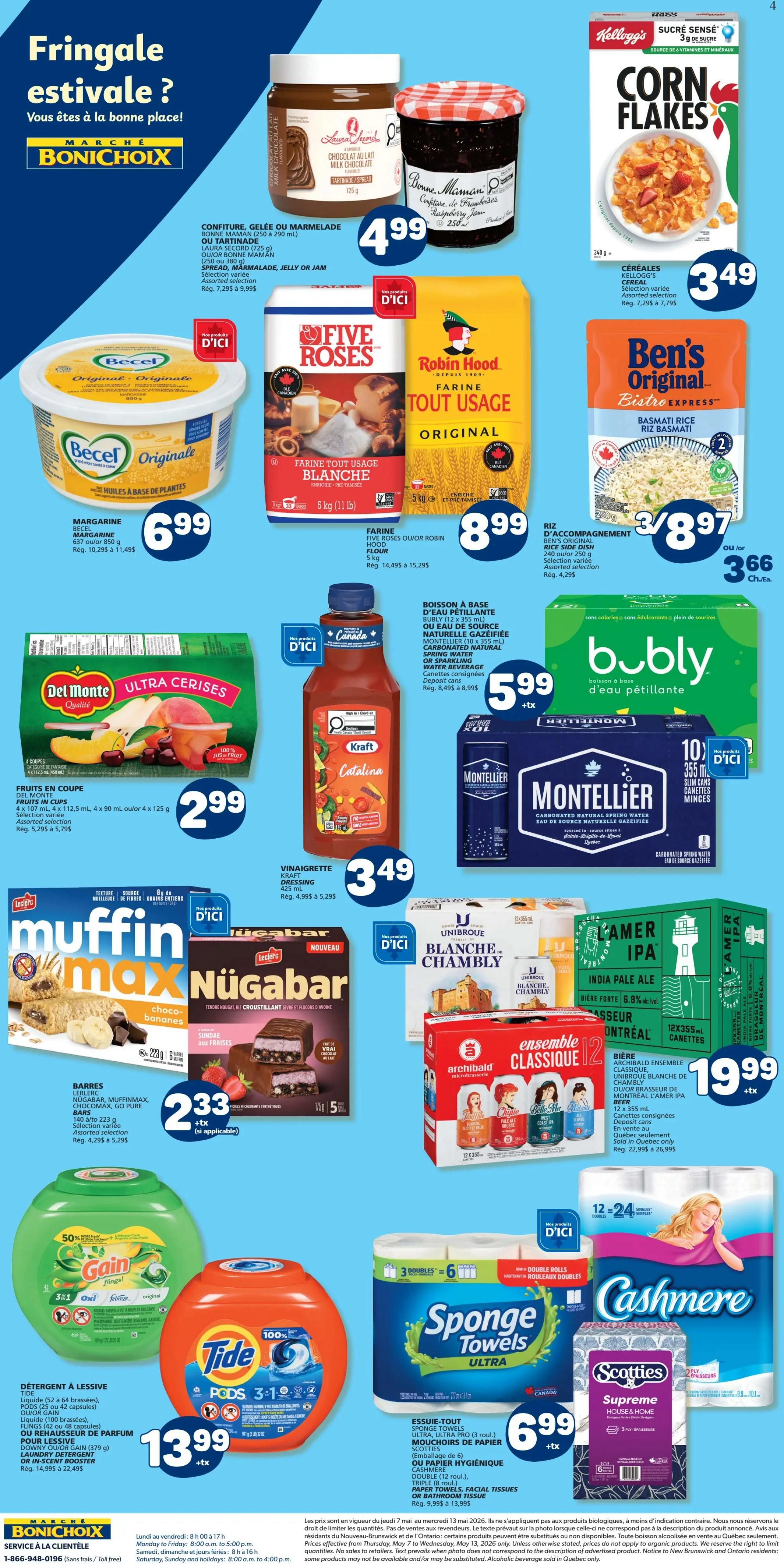 Marché Bonichoix weekly flyer, page 2. Featured items include Bonne Maman jam or jelly for $4.99, Becel Original margarine for $6.99, Five Roses or Robin Hood all-purpose flour 5 kg for $8.99, Kellogg's Corn Flakes cereal for $3.49, Ben's Original Bistro Express Basmati Rice for $3.87 or $3.66 each, Del Monte Ultra Cherries fruit cups for $2.99, Kraft Catalina dressing for $3.49, bubly sparkling water for $5.99, Montellier carbonated natural spring water 10-pack for $3.99, L'Erler Muffin Max, Nügabar, Chocomax, or Go Pure bars for $2.33 each, Unibroue Blanche de Chambly beer for $19.99, Archibald Ensemble Classique beer 12-pack for $19.99, Gain flings laundry detergent for $13.99, Tide Pods laundry detergent for $13.99, Sponge Towels 6-pack for $6.99, and Cashmere or Scotties facial tissues starting at $6.99.
