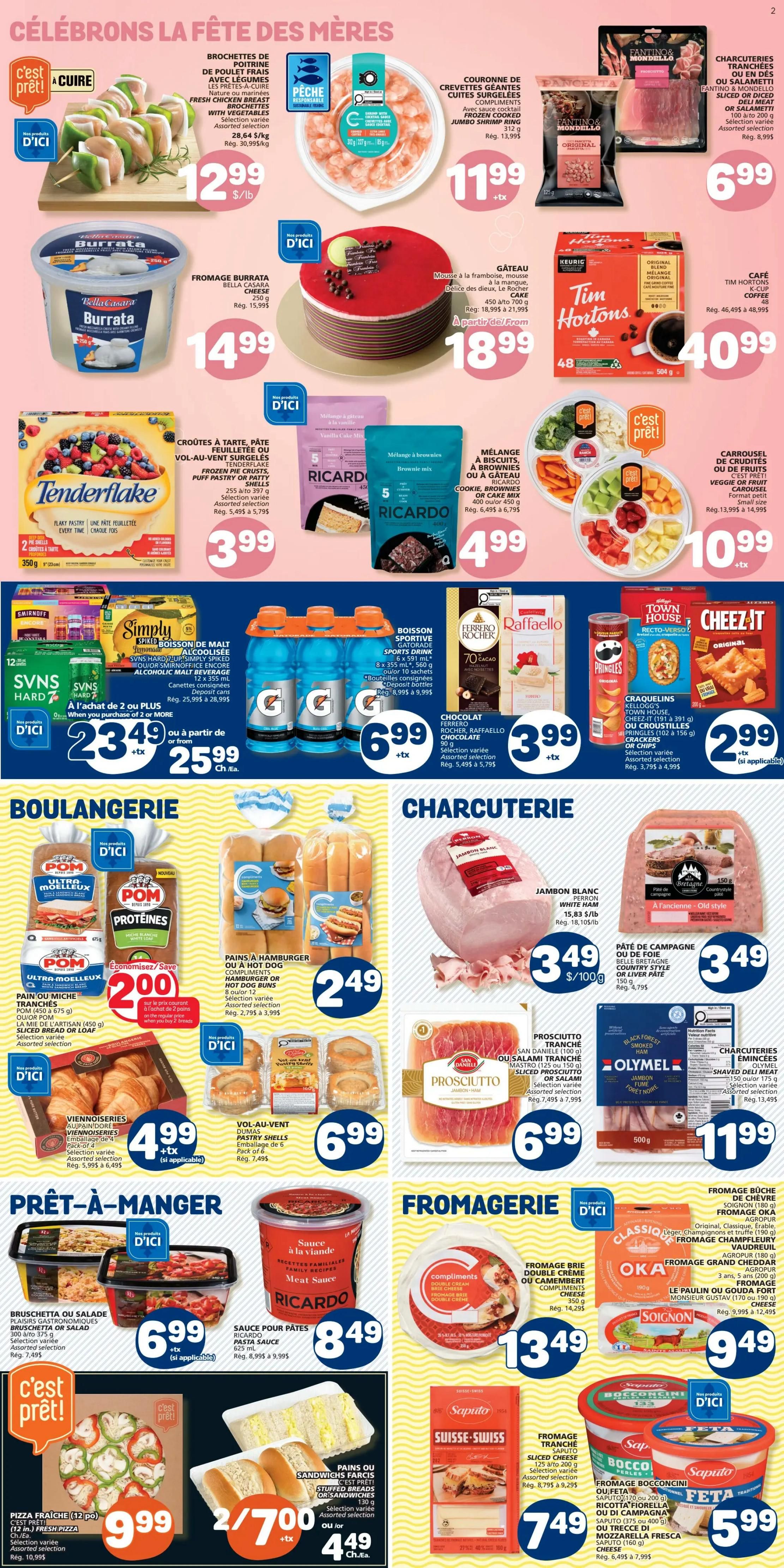 Marché Bonichoix weekly flyer specials page 3 features a variety of food items. Top section includes fresh chicken breast skewers for $12.99/lb, cooked shrimp for $11.99, Fantino & Mondello pancetta for $6.99, and a large selection of ready-to-eat platters like veggie or fruit carrousels for $10.99. Also featured are Burrata cheese for $14.99, a raspberry mousse cake for $18.99, and Tim Hortons K-Cup coffee for $40.99. Tenderflake puff pastry shells are $3.99, Ricardo brownie mix is $4.99, and a cookie, brownie, or cake mix is also $4.99. Beverages include Simply Malt Liquor for $23.49 for 2 or more, and Gatorade sports drinks for $6.99. Chocolate lovers can find Ferrero Rocher Raffaello chocolate for $3.99. Snacks include Pringles for $3.79 and Cheez-It crackers for $2.99. The bakery section offers Pom Ultra Soft buns for $2.00 off when purchasing 2 or more, hamburger or hot dog buns for $2.49, and Viennoiseries (croissants) for $4.99. The charcuterie section has white ham for $3.49/lb, sliced prosciutto for $6.99, and smoked meat for $11.99. The ready-to-eat section includes Bruschetta or salad for $6.99 and Ricardo pasta sauce for $8.49. Fresh pizza is $9.99. The cheese section offers Brie or Camembert cheese for $13.49, Oka or Soignon cheese for $9.49, Saputo sliced cheese for $7.49, and Bocconcini or Feta cheese for $5.99.