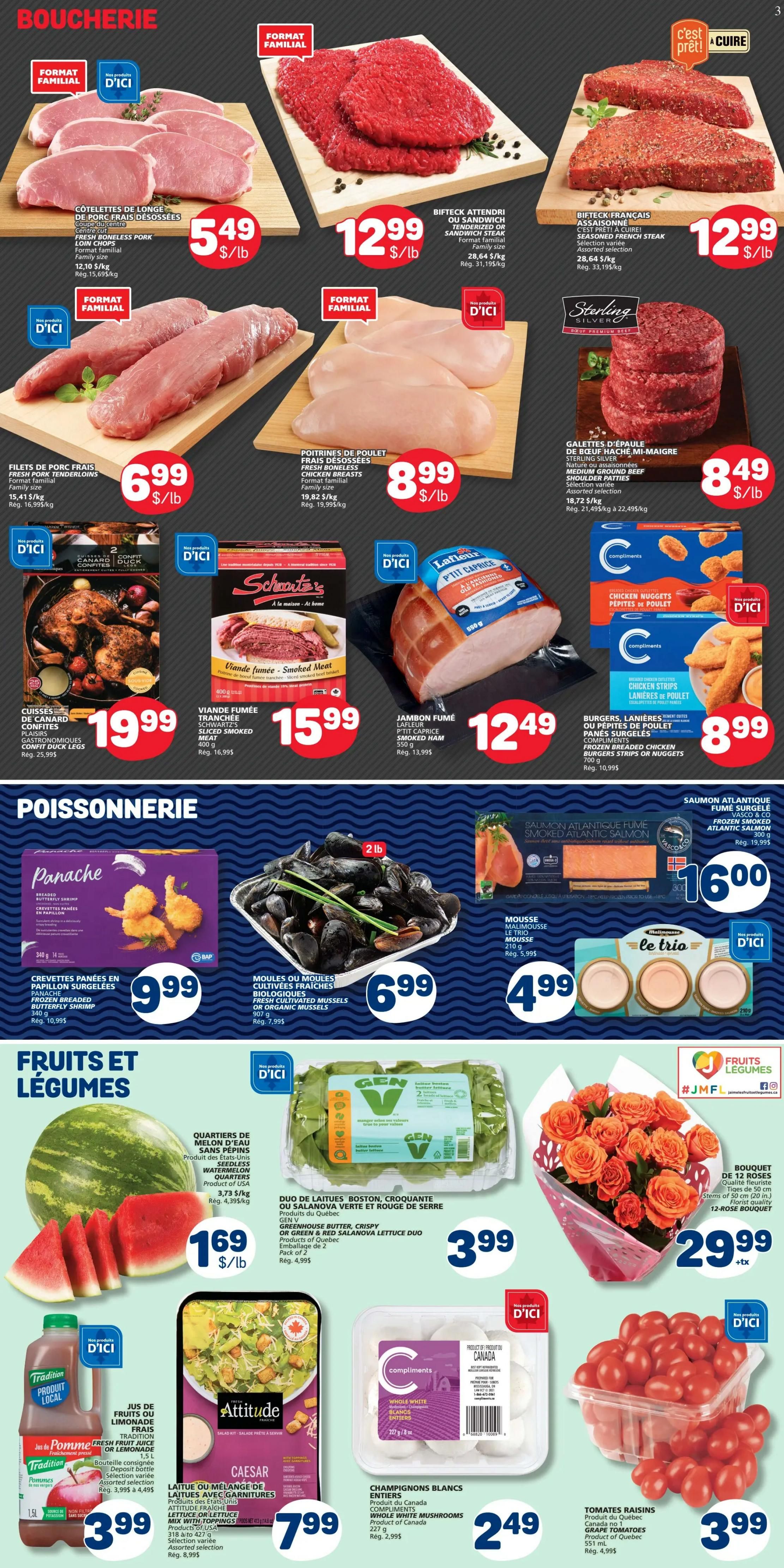 Marché Bonichoix weekly flyer page 4 features butcher specials including fresh boneless pork loin chops for $5.49/lb, beef steak for $12.99/lb, fresh pork tenderloins for $6.99/lb, and fresh boneless chicken breasts for $8.99/lb. Also available are Sterling Silver ground beef patties for $8.49/lb, Lafleur smoked ham for $12.49, and Schneiders sliced smoked meat for $15.99. Seafood includes Panache frozen breaded butterfly shrimp for $9.99 and fresh or organic mussels for $6.99. Frozen options include Compliments chicken strips, burgers, or nuggets for $8.99, and Atlantic salmon for $16.00. Produce highlights include seedless watermelon quarters for $1.69/lb, Gen V greenhouse butter, crispy or green & red salad mix for $3.99, a 12-rose bouquet for $29.99, Attitude Caesar salad mix for $7.99, Compliments whole white mushrooms for $2.49, and grape tomatoes for $3.99. Also featured is a 1.5L bottle of Pomme fresh fruit juice or lemonade for $3.99.