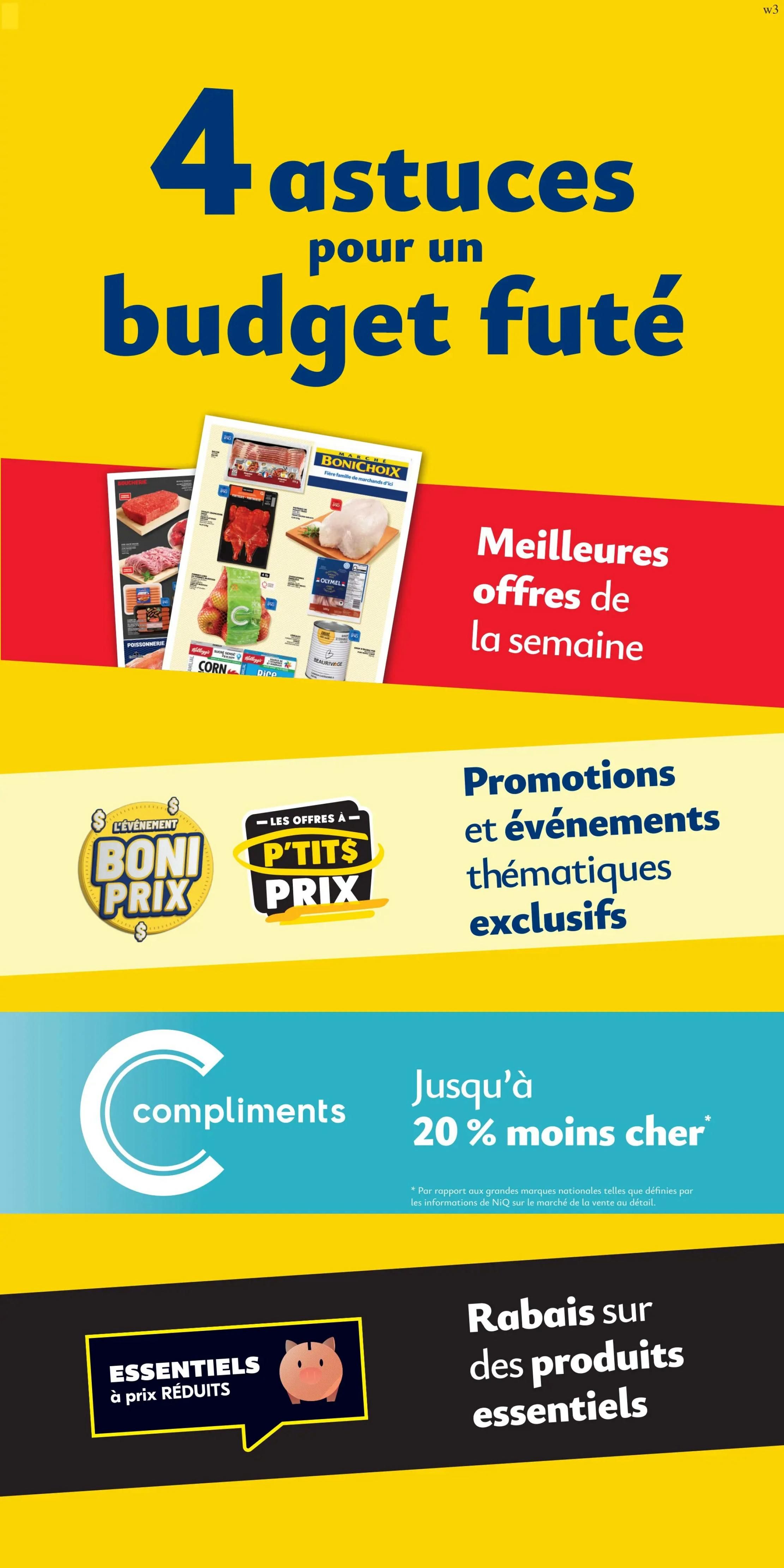Marché Bonichoix flyer page 7 features '4 tips for a smart budget' and 'Best offers of the week'. It highlights 'Promotions and exclusive thematic events' and 'Compliments, up to 20% cheaper'. There are also 'Boni Prix' and 'P'tits Prix' offers, and 'Discounts on essential products' with a piggy bank graphic. Featured products include various meats like pork and chicken, Olymel chicken, Beaulieu canned goods, corn, and rice.