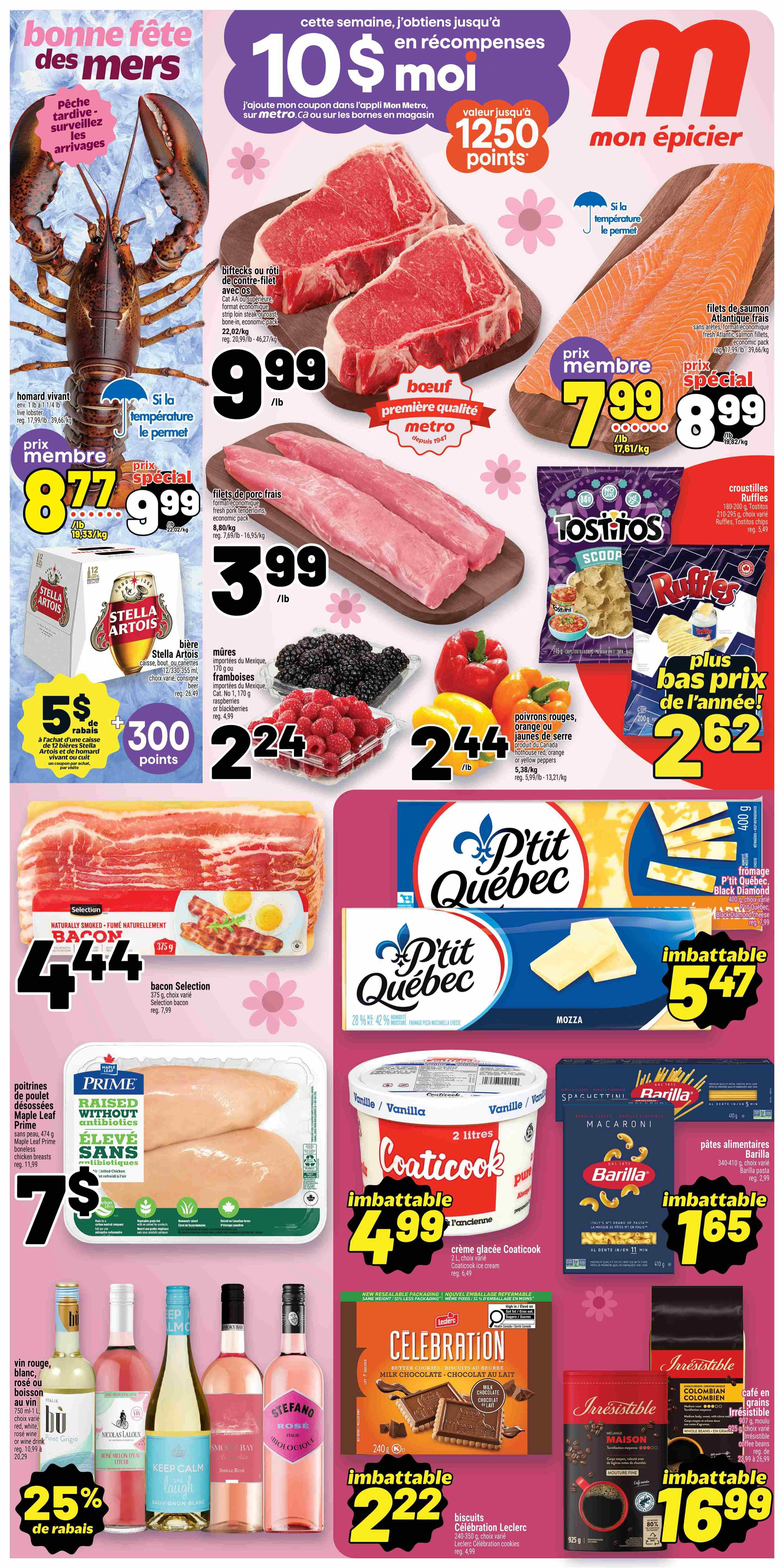 Metro Weekly Flyer Specials, Page 1. Featuring a 'Happy Father's Day' theme with seafood and meat specials. Live lobster is available. Beef sirloin steaks are $9.99/lb. Pork tenderloin is $3.99/lb. Atlantic salmon fillets are $7.99/lb for members and $8.99/lb special price. Stella Artois beer offers $5 in rebates on a 12-pack, plus 300 bonus points. Fresh raspberries and blackberries are $2.24 each. Red, orange, or yellow bell peppers are $2.44/lb. Selection bacon is $4.44. Maple Leaf Prime boneless chicken breasts are $7. P'tit Québec Mozzarella cheese is $5.47. Coaticook ice cream is $4.99. Barilla pasta is $1.65. Leclerc Celebration cookies are $2.22. Irrésistible Colombian coffee is $16.99. Various red, rosé, and white wines are 25% off.