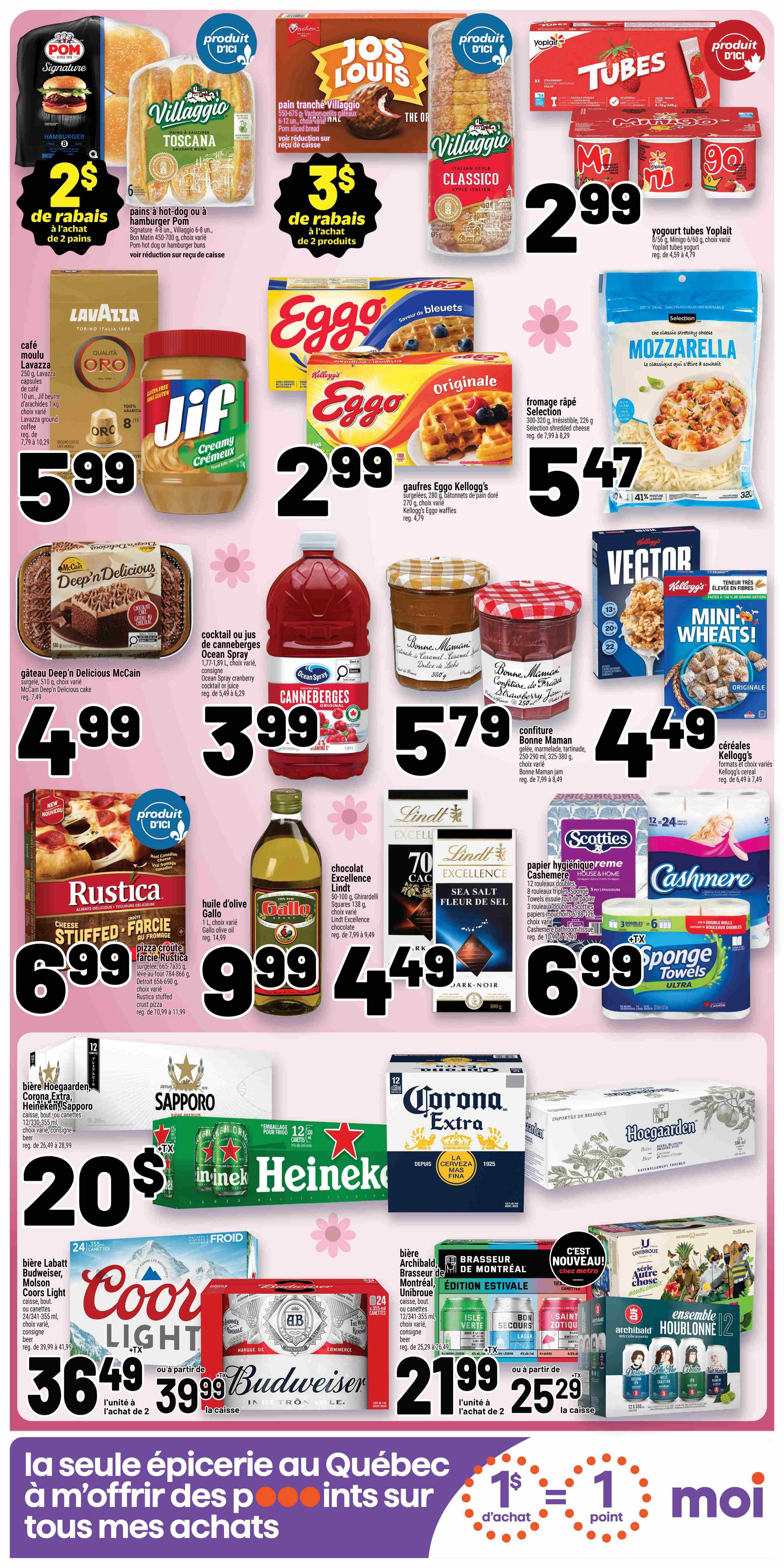 Metro Quebec weekly flyer specials page 3. Featured items include Pom Signature hamburger buns for $2 off when you buy 2 packs, and Villaggio Toscana or Classico buns for $3 off when you buy 2 packs. Lavazza ground coffee is $5.99. Jif Creamy peanut butter is $5.99. Eggo waffles are $2.99. McCain Deep'n Delicious cake is $4.99. Ocean Spray Cranberry cocktail or juice is $3.99. Bonne Maman jam is $5.79. Gallo olive oil is $9.99. Lindt Excellence chocolate bars are $4.49. Rustica stuffed pizza is $6.99. Kellogg's Vector cereal and Mini-Wheats cereal are $4.49. Scotties facial tissues and Cashmere bathroom tissue are $6.99. Beer specials include Hoegaarden, Corona Extra, Sapporo, and Heineken for $20. Labatt, Molson Coors Light, and Budweiser beer are $36.49 for 24 cans or $39.99 per case. Archibald Brasseur de Montréal beer, including the summer edition, is $21.99 for 12 cans or $25.29 per case. The bottom of the page highlights a loyalty program: $1 of purchase equals 1 point.