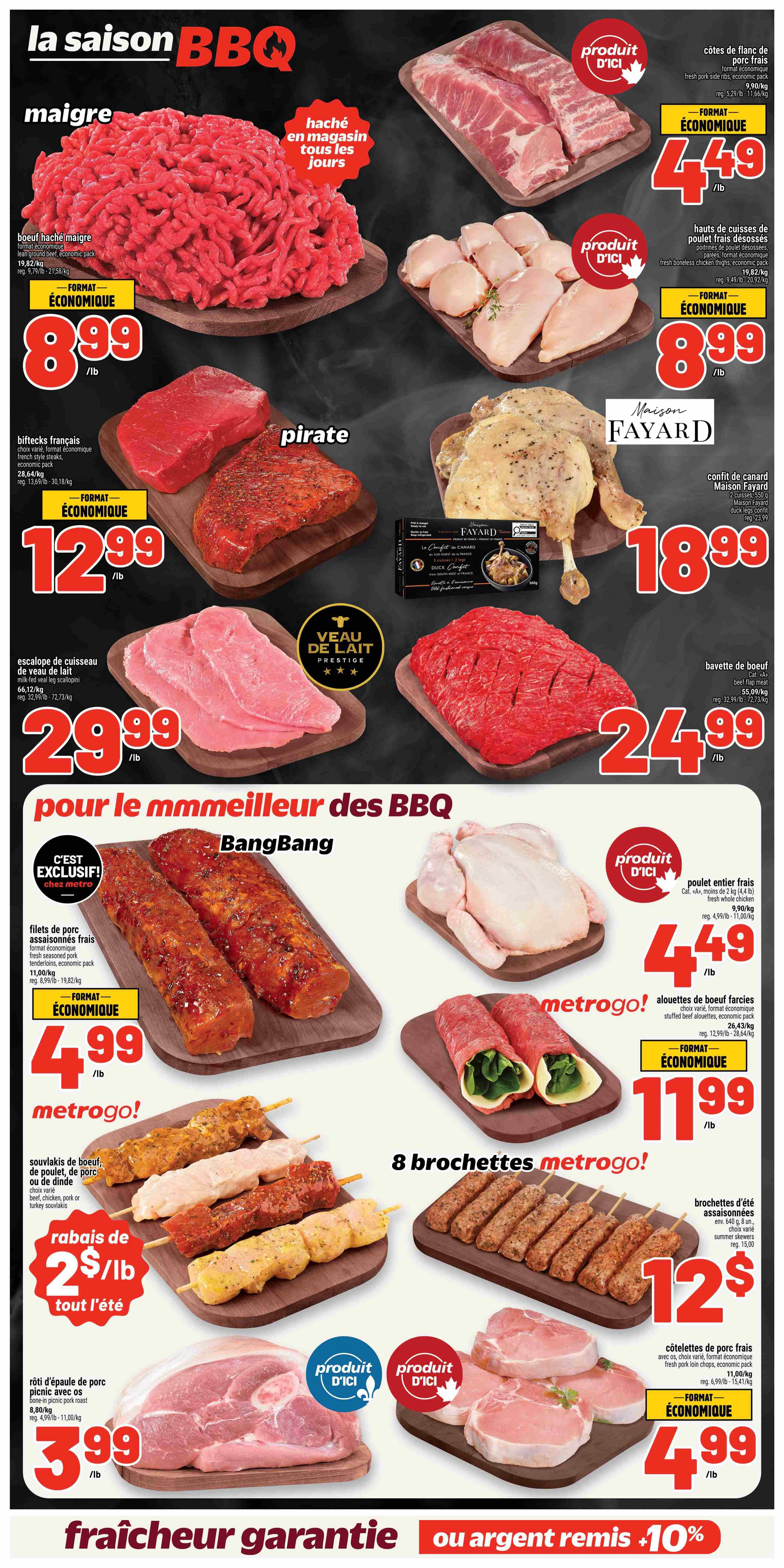 Metro weekly flyer specials page 7 features a 'BBQ Season' theme. Highlights include lean ground beef for $8.99/lb, French steaks for $12.99/lb, and milk-fed veal scaloppini for $29.99/lb. Also featured are fresh pork side ribs for $4.49/lb, boneless skinless chicken thighs for $8.99/lb, and Maison Fayard duck confit for $18.99. Other BBQ items include BangBang marinated pork tenderloins for $4.99/lb, assorted meat skewers for $11.99/lb, and summer skewers for $12. Fresh pork picnic roast is $3.99/lb and fresh pork loin chops are $4.99/lb. The flyer also promotes a 'Freshness Guaranteed or 10% back' offer.