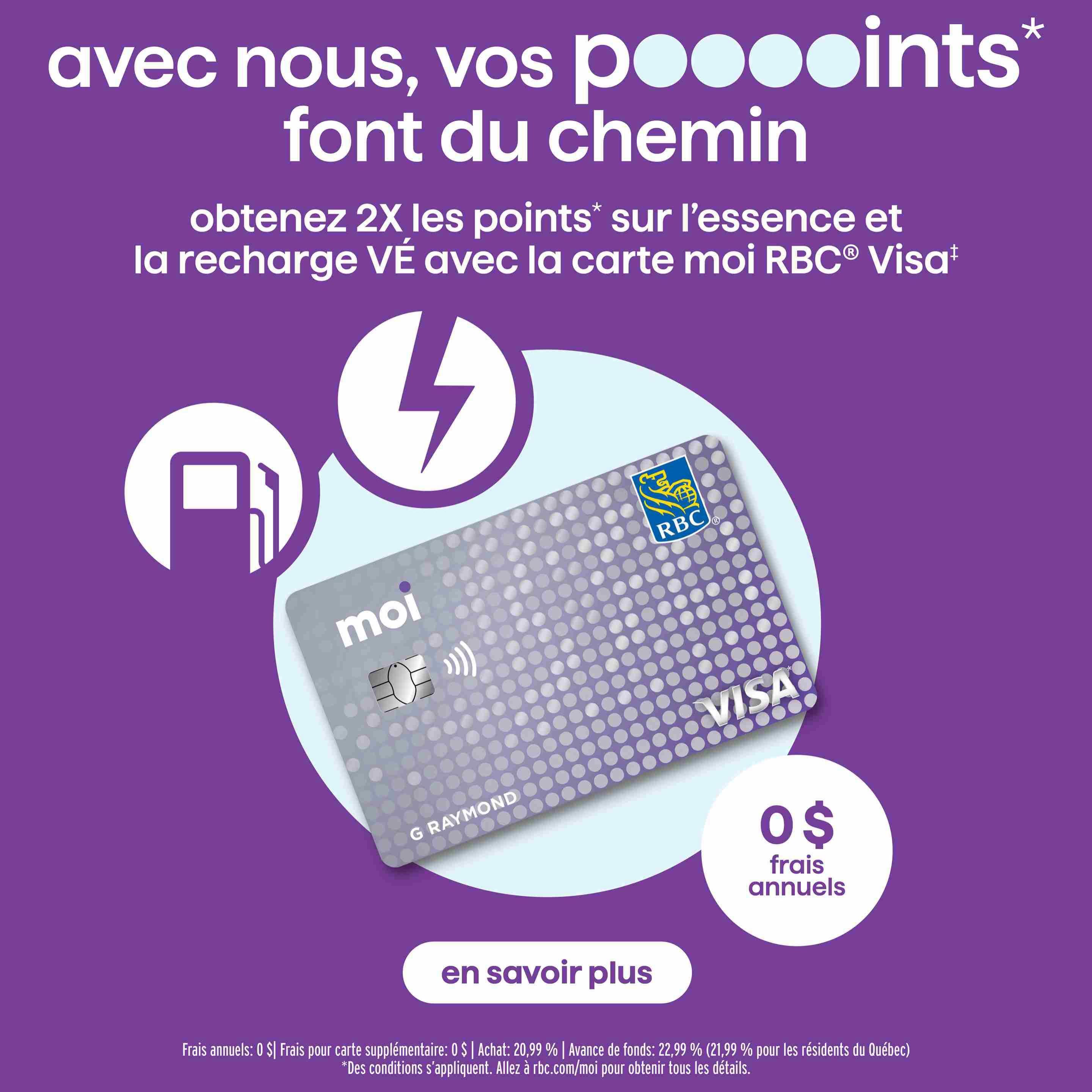 Metro Quebec flyer page 9 features a promotion for the moi RBC Visa card. Earn 2X points on gasoline and EV charging when you use your moi RBC Visa card. The card has no annual fees. Additional details include: supplementary card fee $0, purchase interest rate 20.99%, and cash advance interest rate 22.99% (21.99% for Quebec residents). Learn more by visiting rbc.com/moi. Conditions apply.